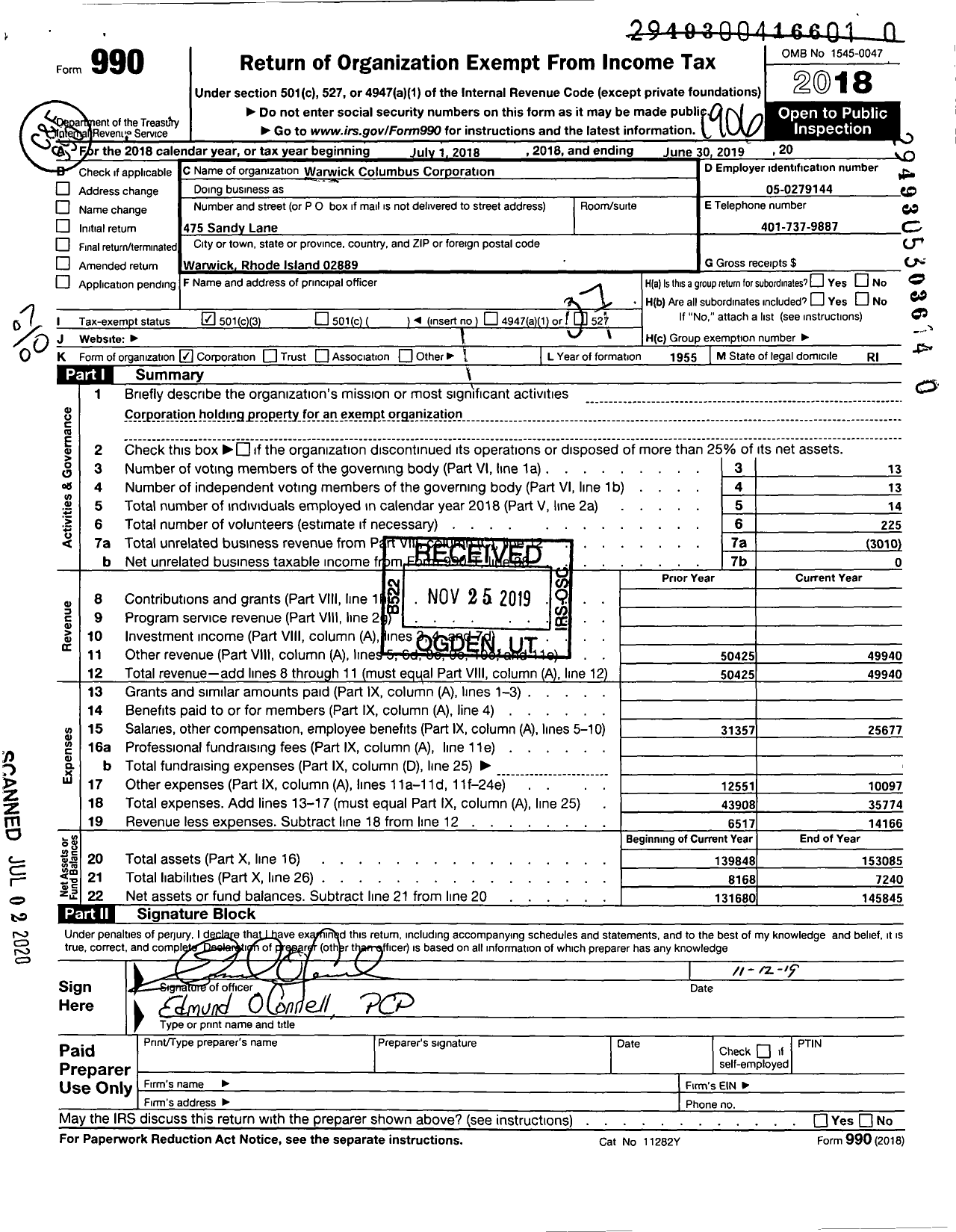 Image of first page of 2018 Form 990O for Warwick Columbus Corporation