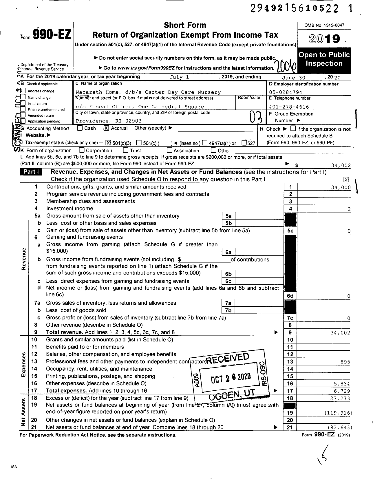 Image of first page of 2019 Form 990EZ for Carter Day Care Nursery