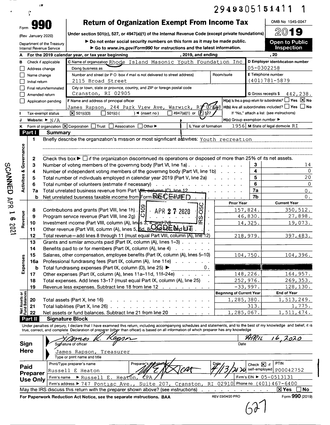 Image of first page of 2019 Form 990 for Rhode Island Masonic Youth Foundation