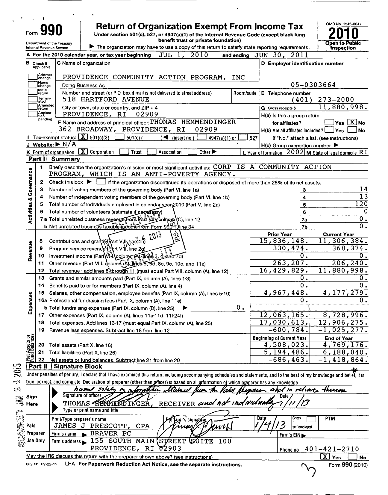 Image of first page of 2010 Form 990 for Providence Community Action Program
