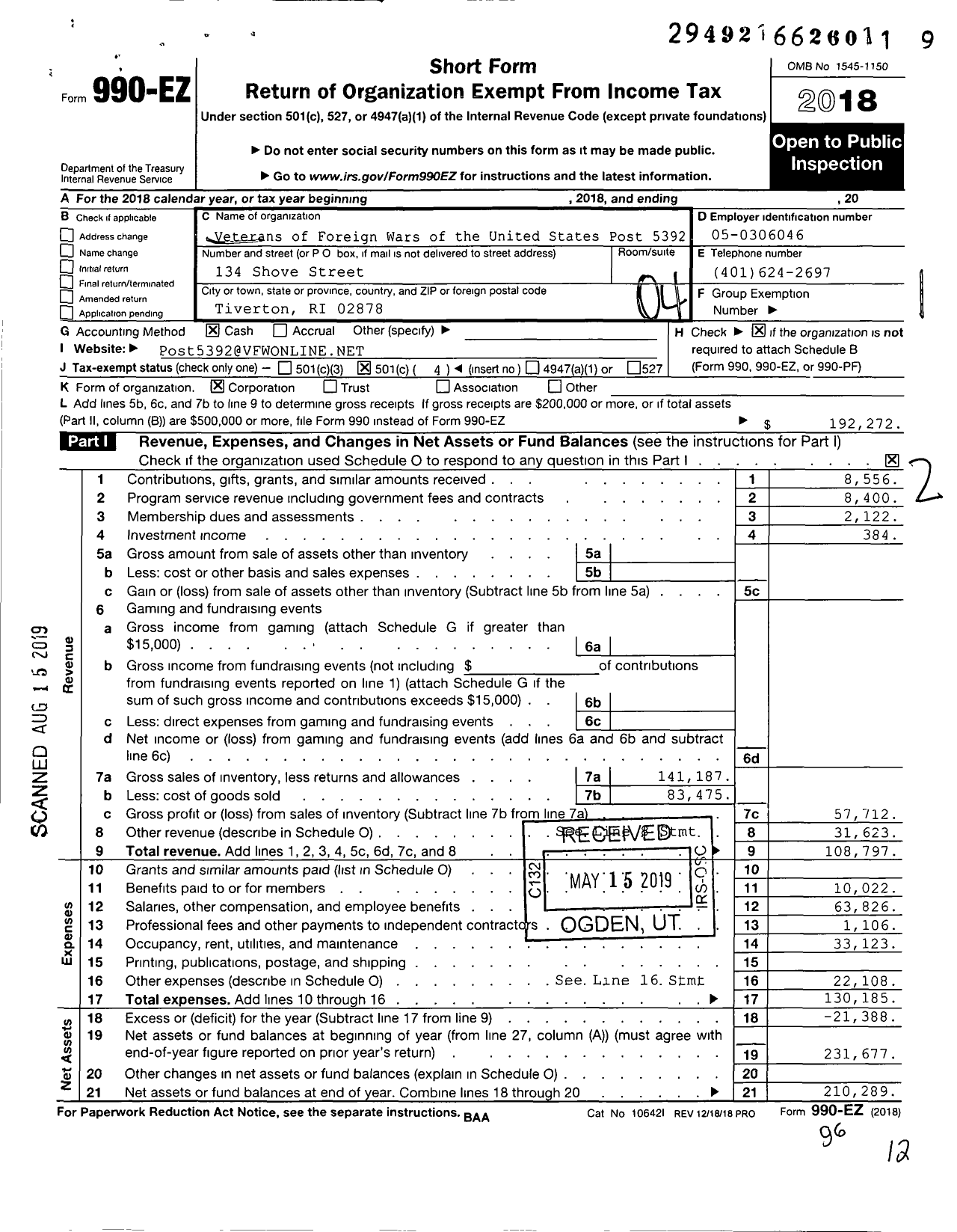 Image of first page of 2018 Form 990EO for Veterans of Foreign Wars Dept of Rhode Island - 5392 Vfw-Ri