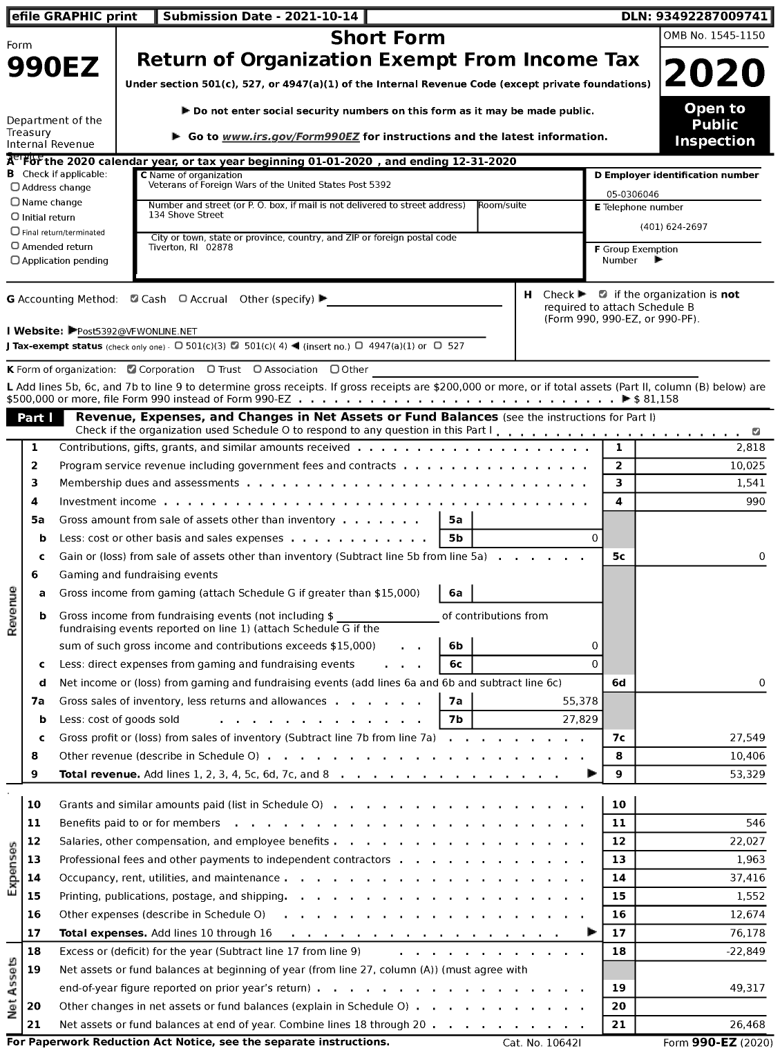 Image of first page of 2020 Form 990EZ for Veterans of Foreign Wars Dept of Rhode Island - 5392 Vfw-Ri