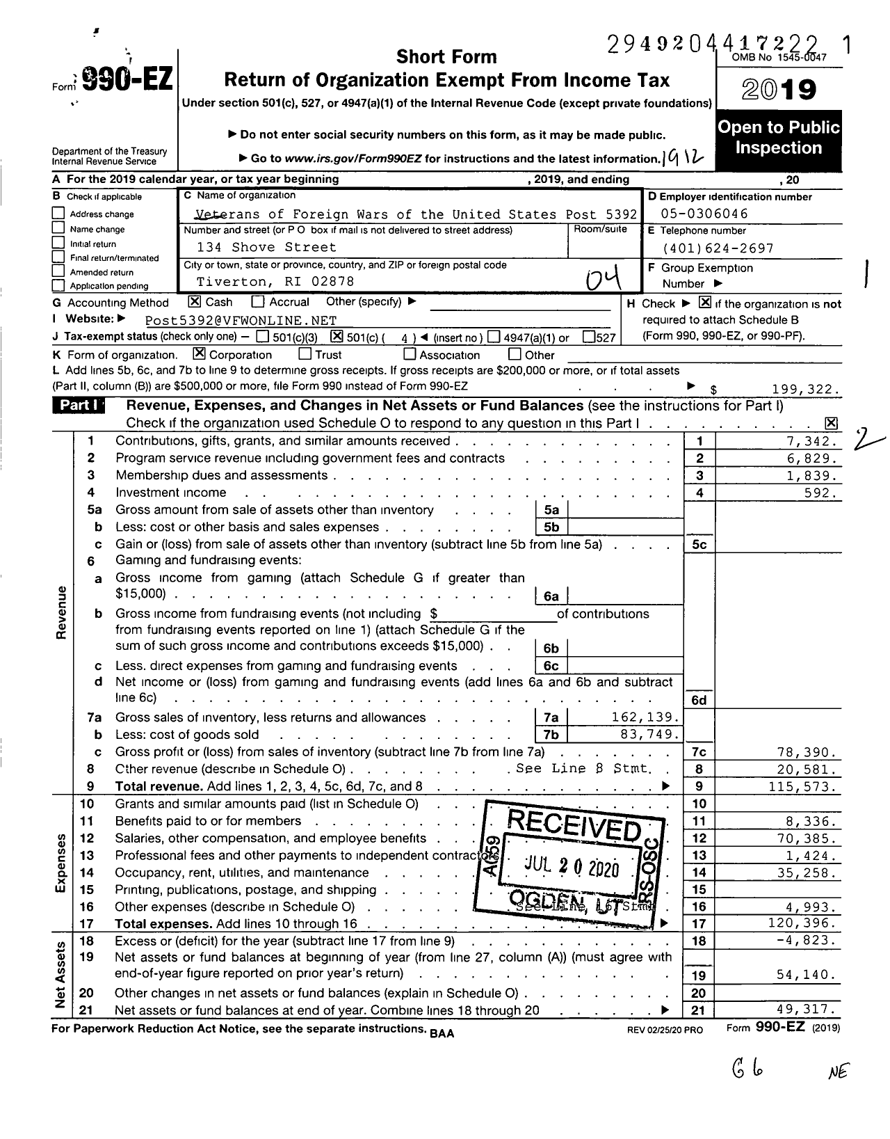 Image of first page of 2019 Form 990EO for Veterans of Foreign Wars Dept of Rhode Island - 5392 Vfw-Ri