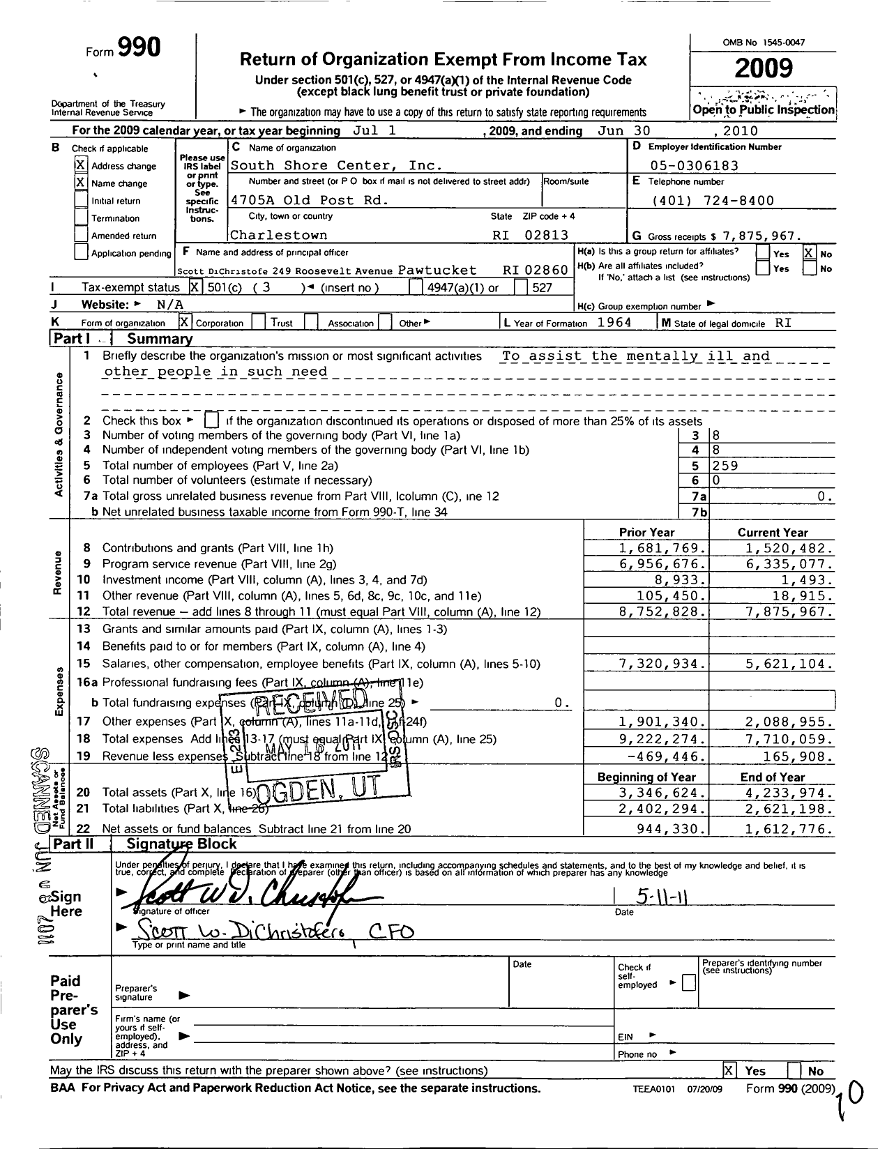 Image of first page of 2009 Form 990 for South Shore Mental Health Center