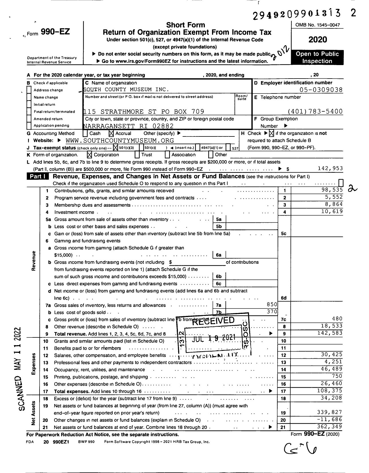 Image of first page of 2020 Form 990EZ for South County Museum