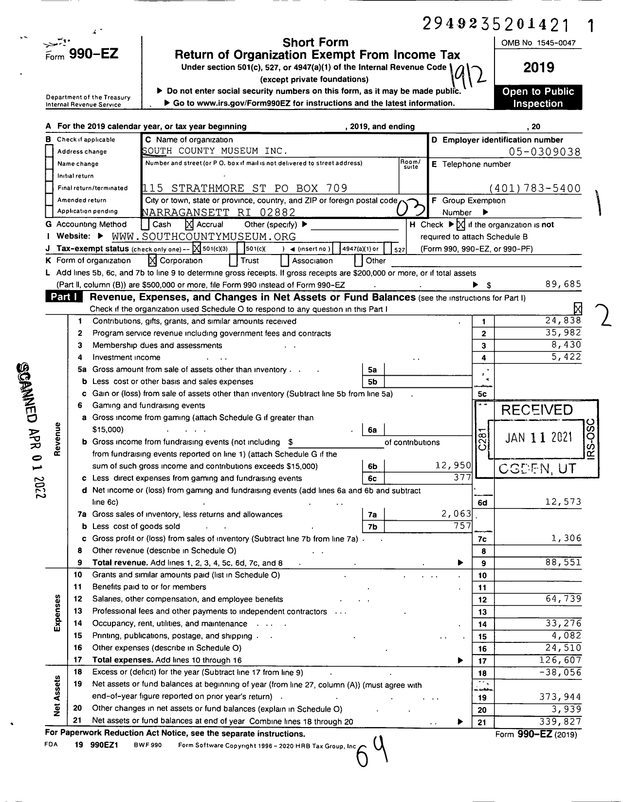 Image of first page of 2019 Form 990EZ for South County Museum