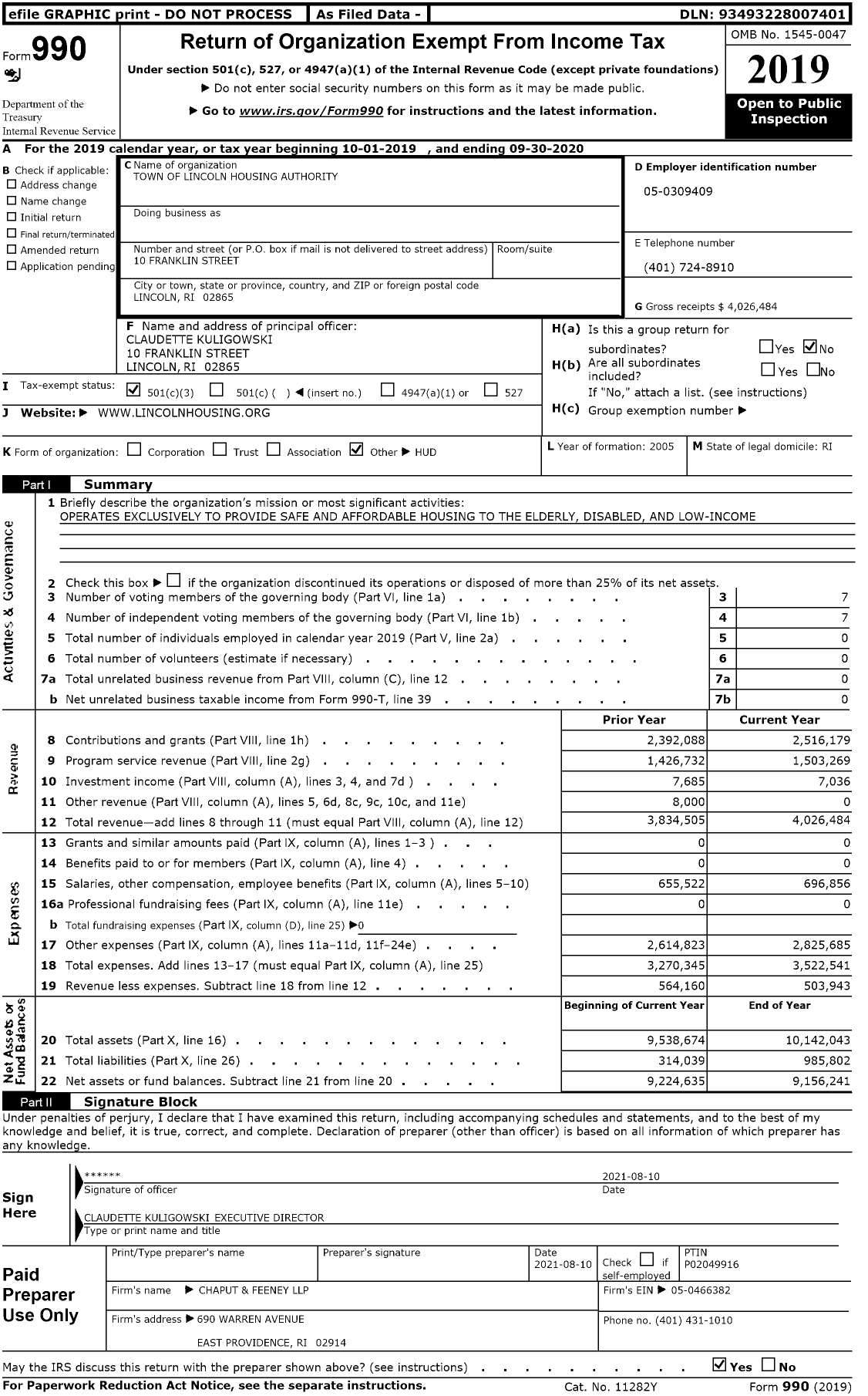 Image of first page of 2019 Form 990 for Town of Lincoln Housing Authority