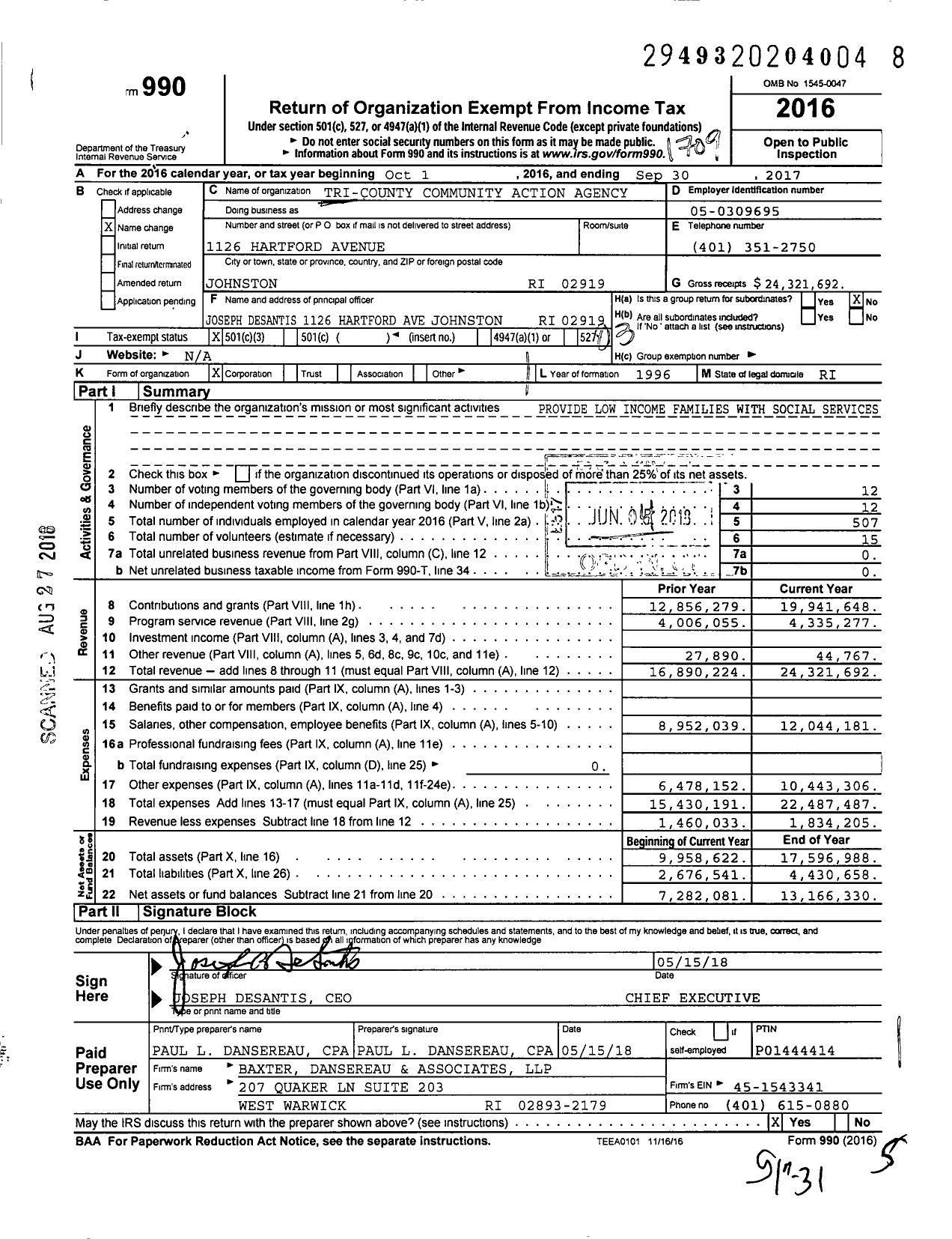 Image of first page of 2016 Form 990 for Tri-County Community Action Agency