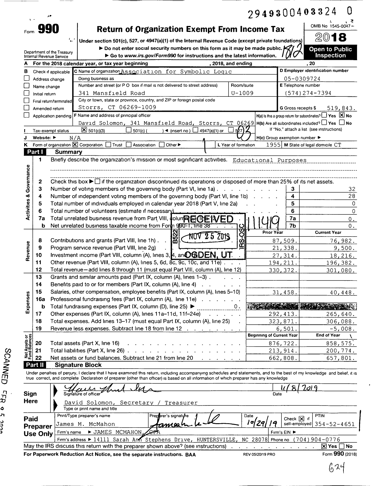 Image of first page of 2018 Form 990 for Association for Symbolic Logic