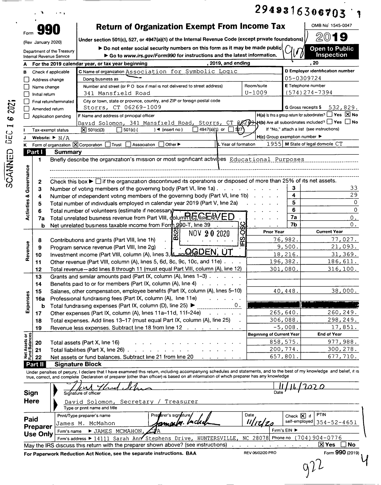 Image of first page of 2019 Form 990 for Association for Symbolic Logic