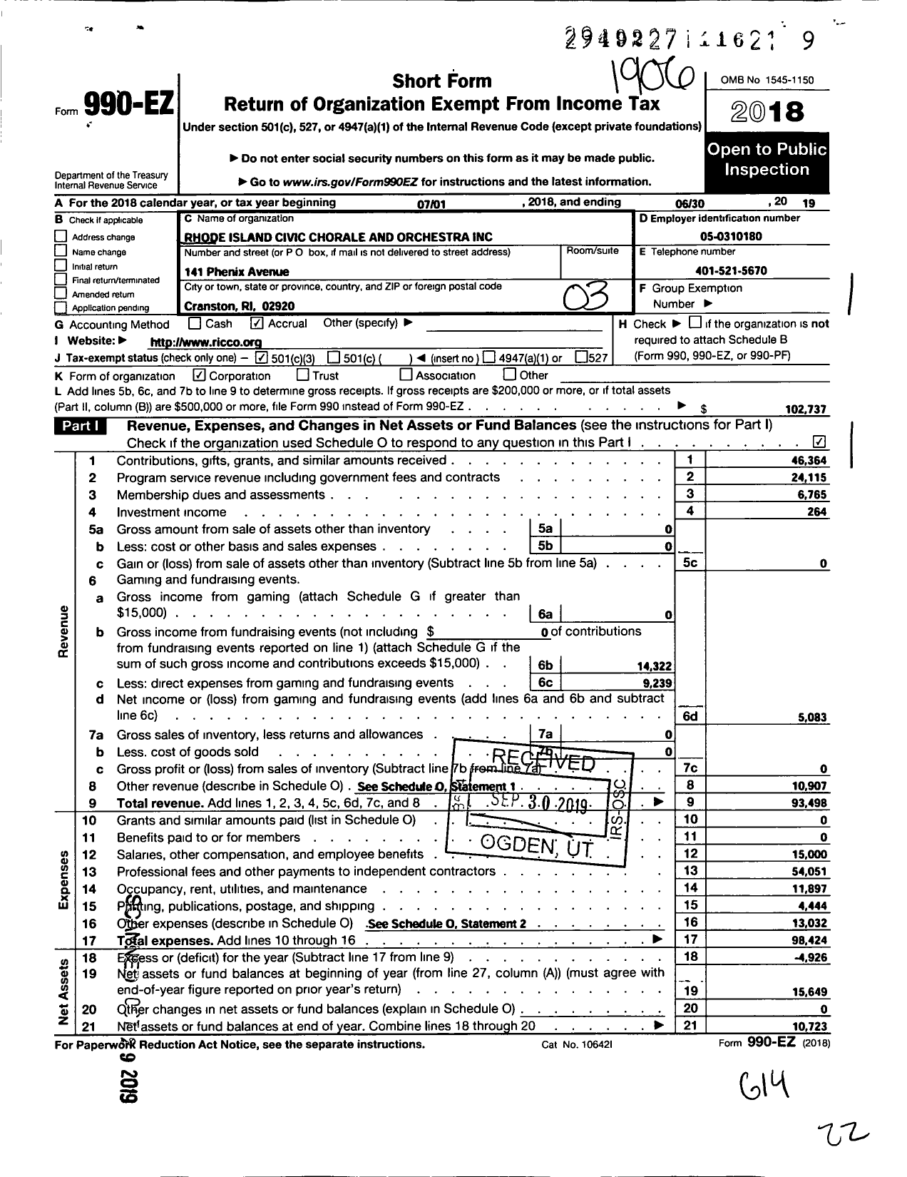 Image of first page of 2018 Form 990EZ for Rhode Island Civic Chorale and Orchestra