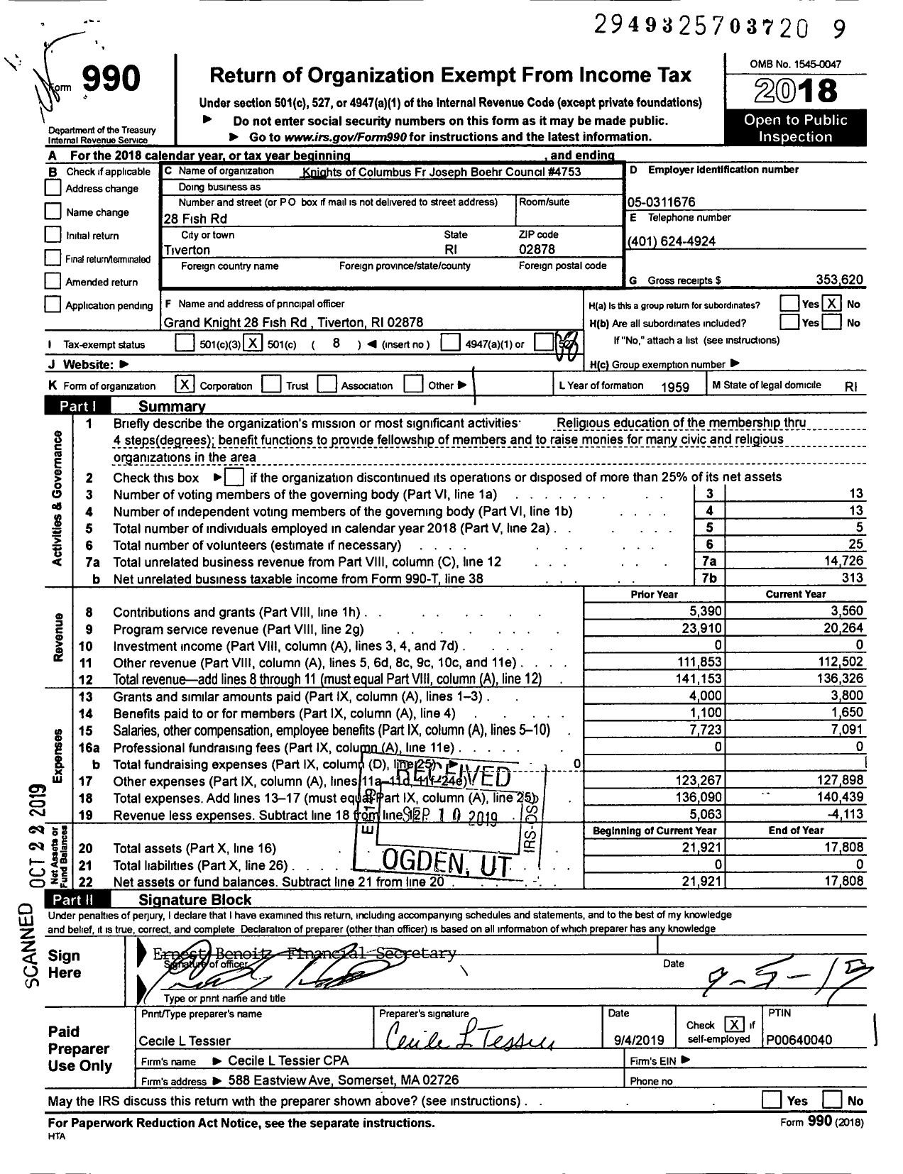 Image of first page of 2018 Form 990O for Knights of Columbus Fr Joseph Boehr Council 4753