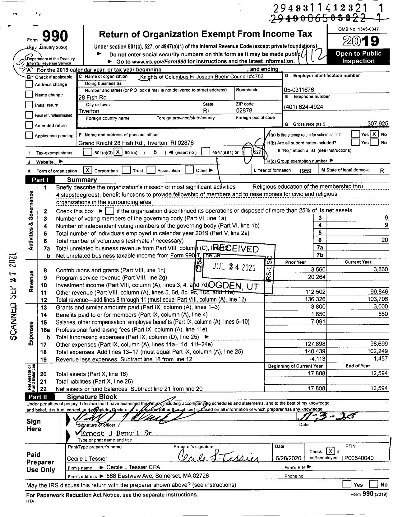 Image of first page of 2019 Form 990O for Knights of Columbus Fr Joseph Boehr Council 4753