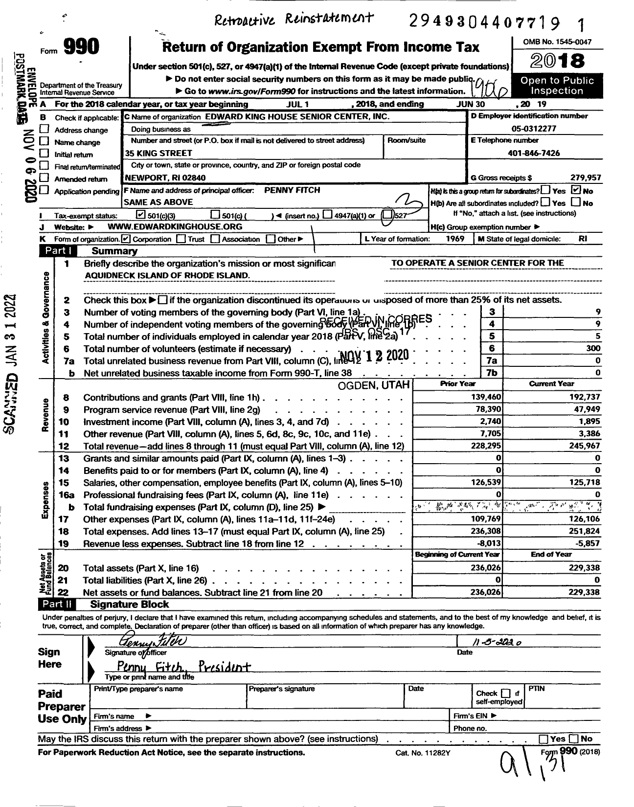 Image of first page of 2018 Form 990 for Edward King House Senior Center