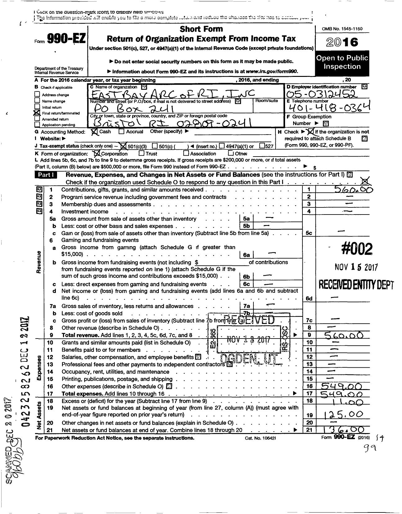Image of first page of 2016 Form 990EZ for East Bay Arc of Ri