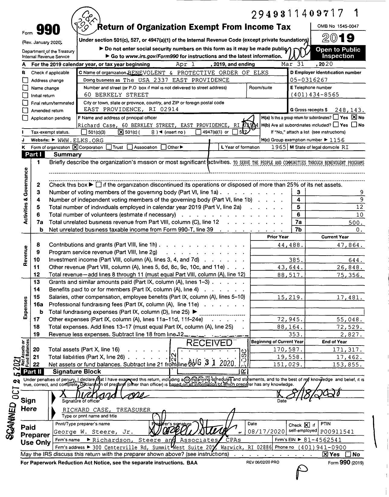 Image of first page of 2019 Form 990O for Benevolent and Protective Order of Elks - The USA 2337 East PROVIDENCE