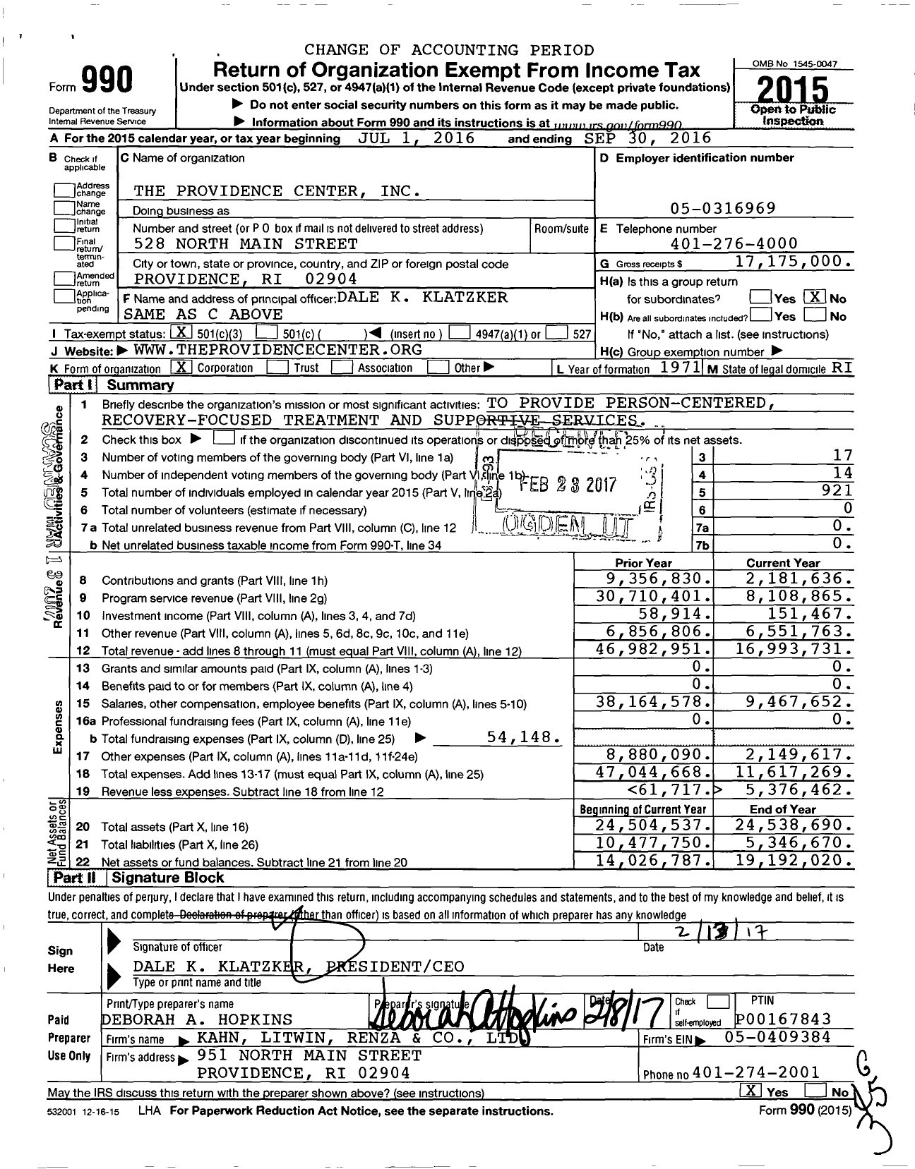 Image of first page of 2015 Form 990 for The Providence Center