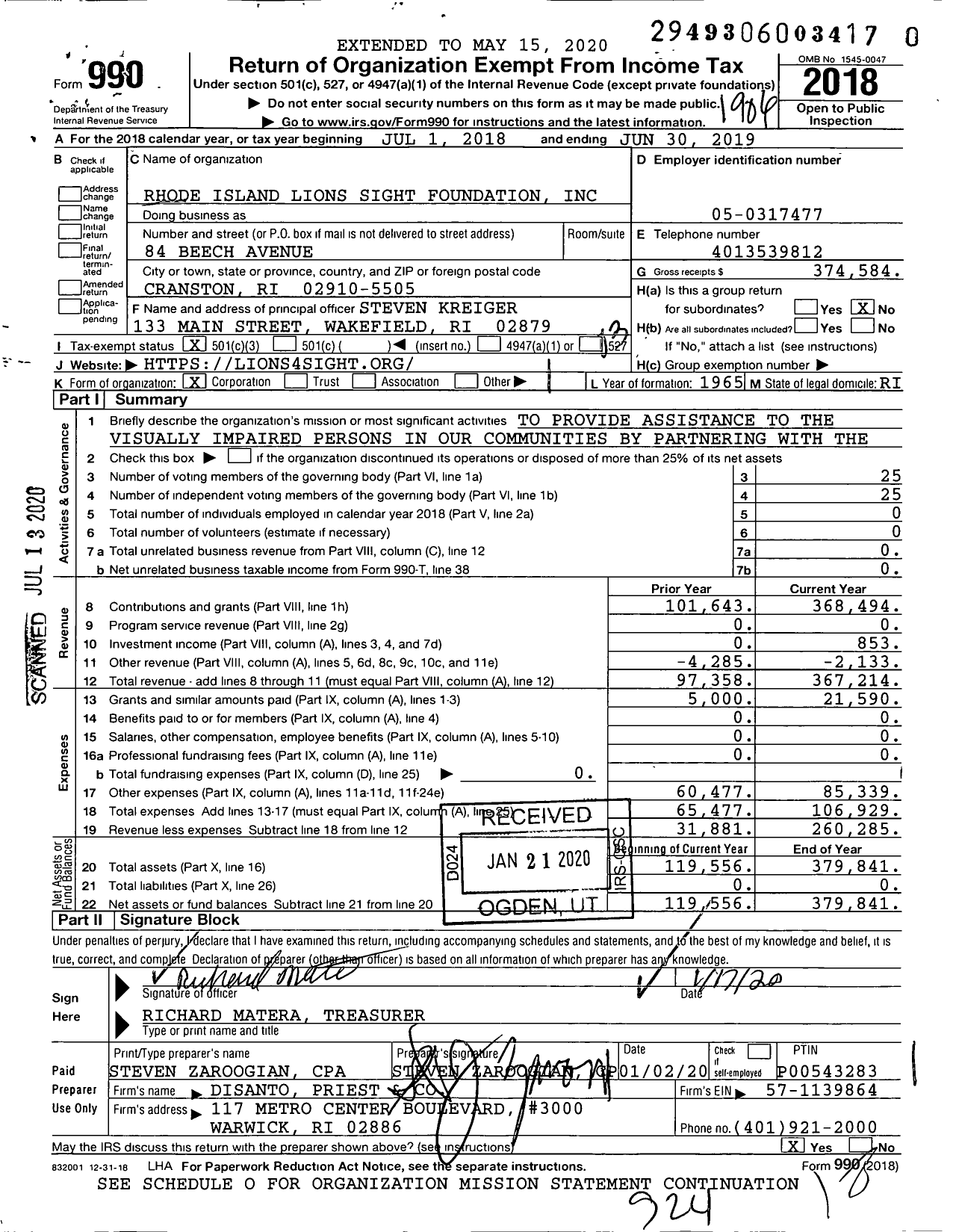 Image of first page of 2018 Form 990 for Rhode Island Lions Sight Foundation