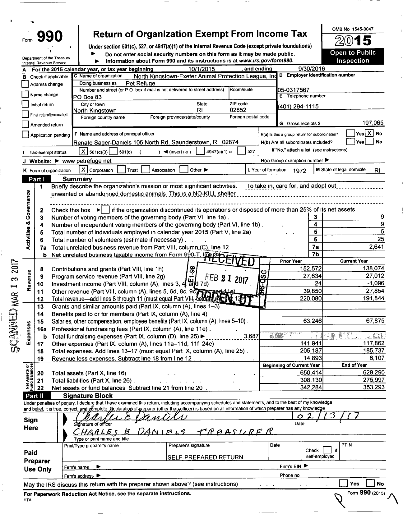 Image of first page of 2015 Form 990 for Pet Refuge / North Kingston-Exeter Animal Protection League Inc