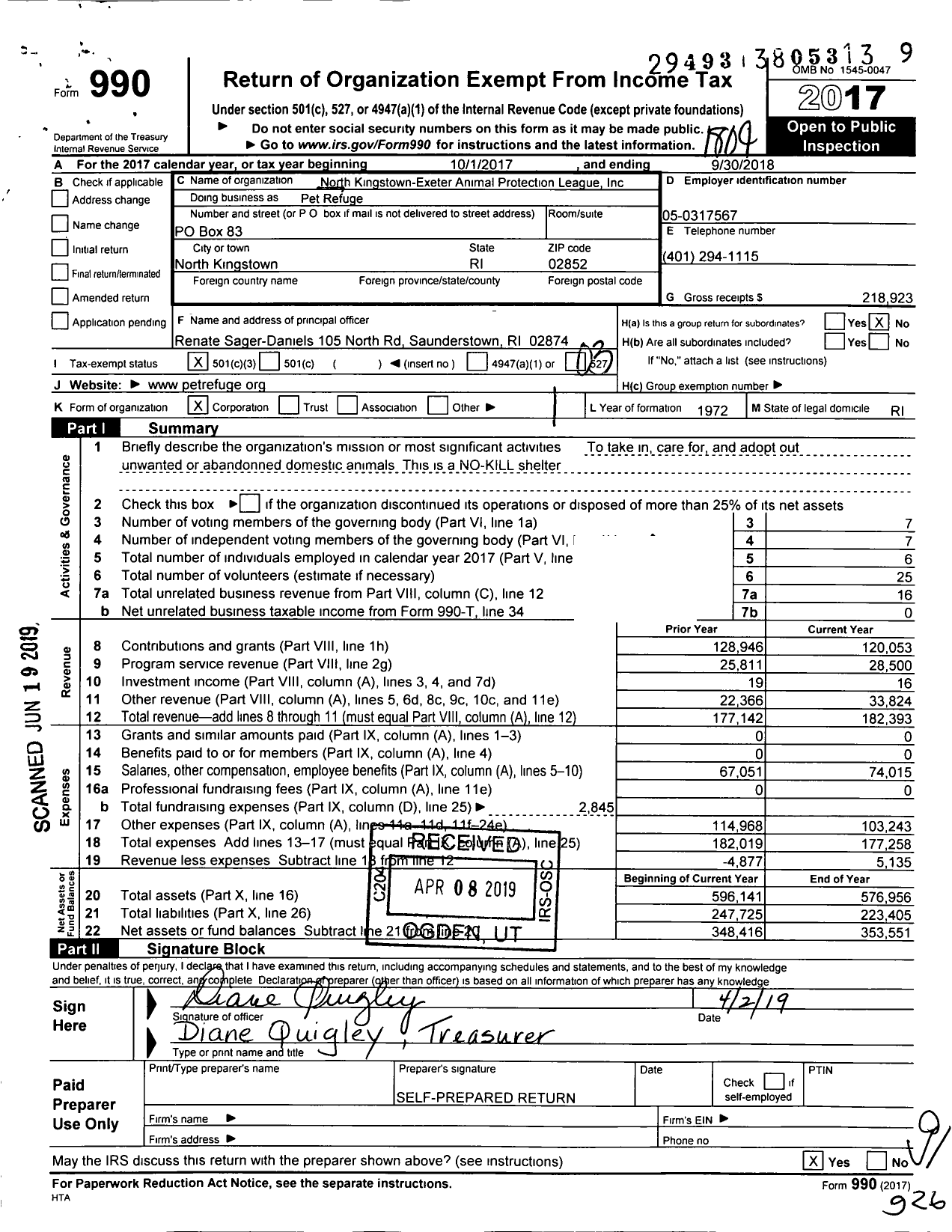 Image of first page of 2017 Form 990 for Pet Refuge / North Kingston-Exeter Animal Protection League Inc