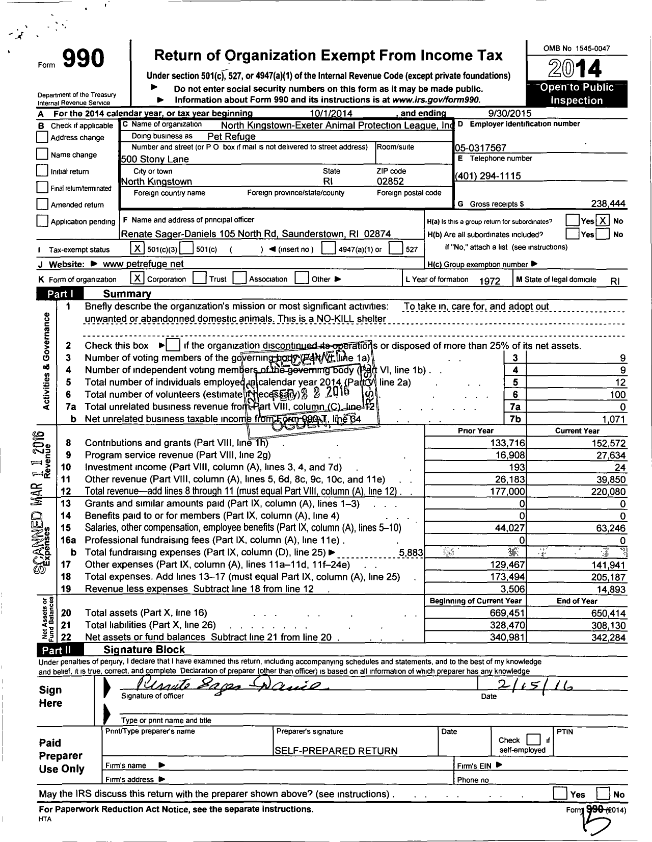 Image of first page of 2014 Form 990 for Pet Refuge / North Kingston-Exeter Animal Protection League Inc