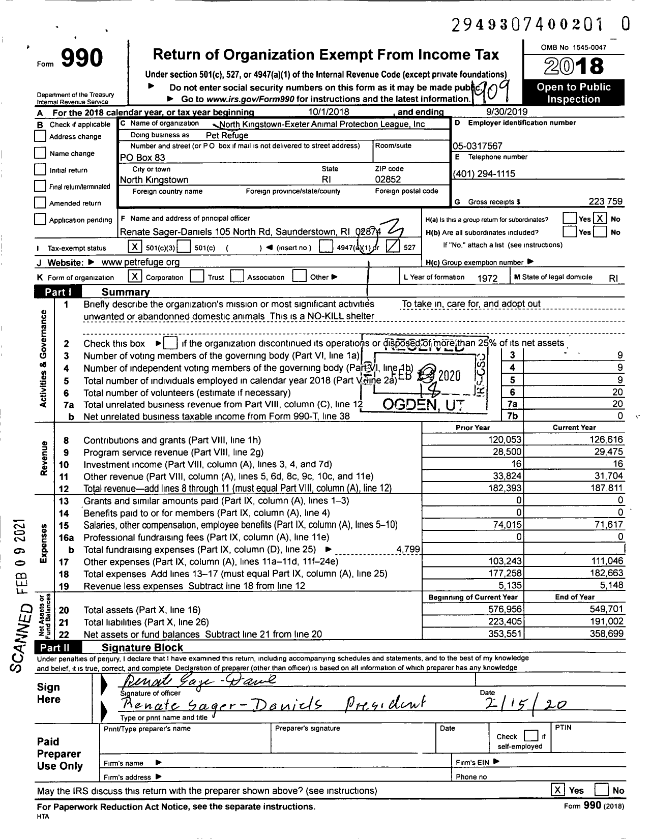 Image of first page of 2018 Form 990 for Pet Refuge / North Kingston-Exeter Animal Protection League Inc