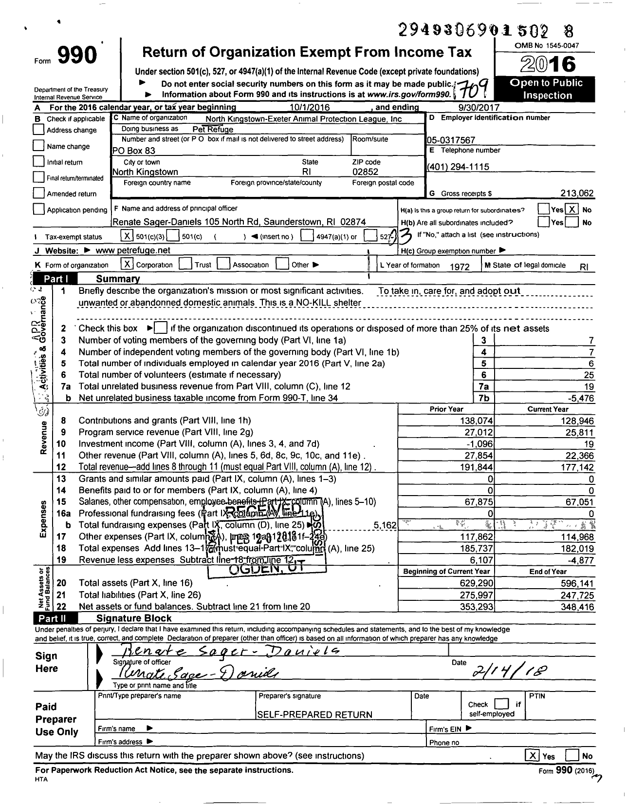 Image of first page of 2016 Form 990 for Pet Refuge / North Kingston-Exeter Animal Protection League Inc