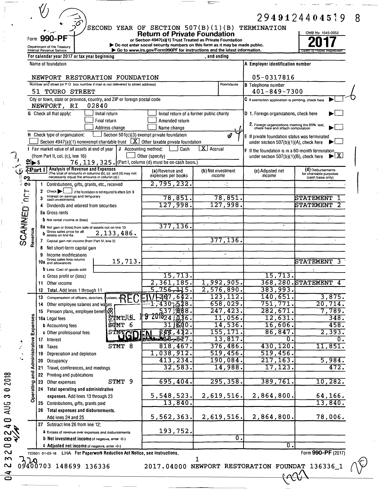 Image of first page of 2017 Form 990PF for Newport Restoration Foundation (NRF)