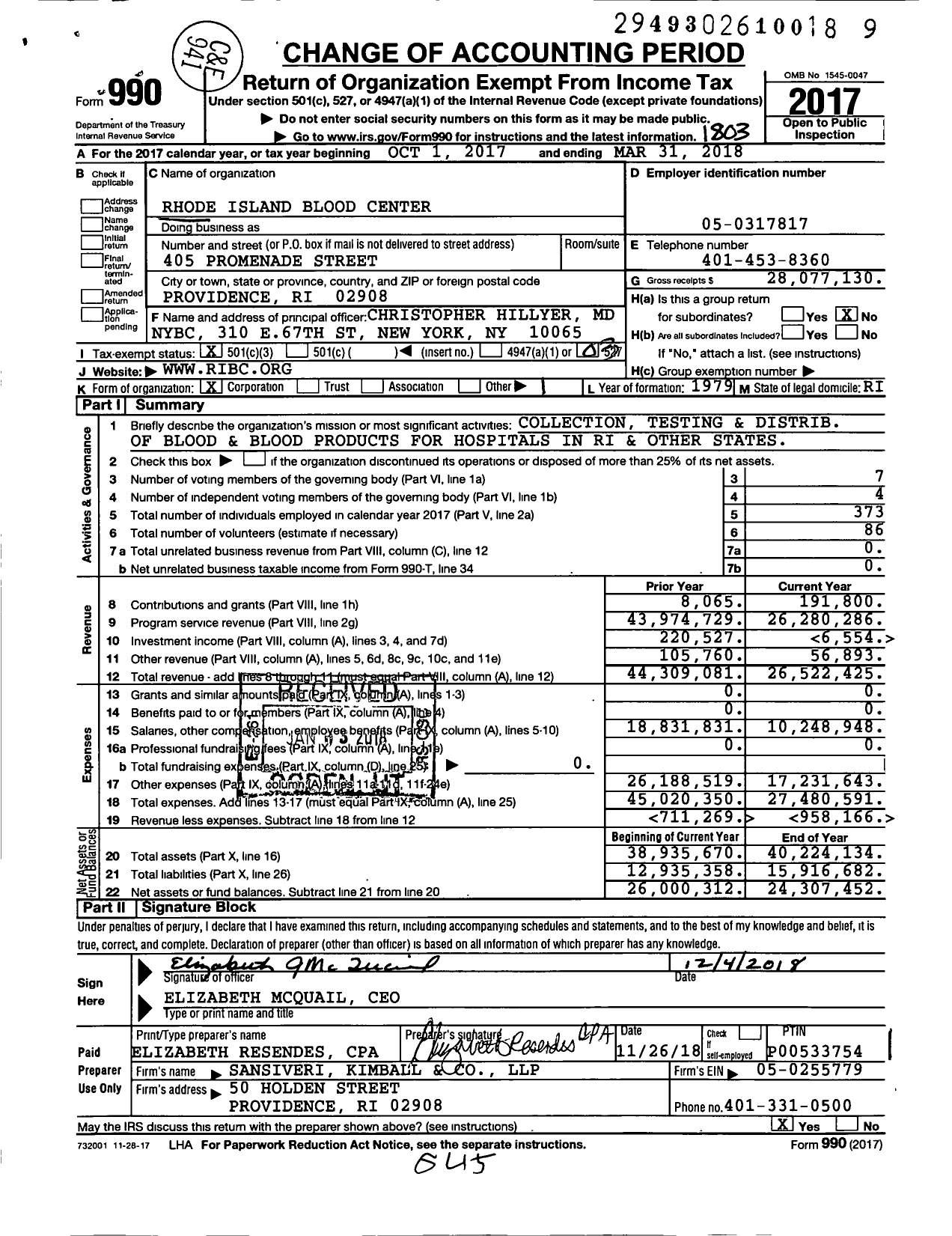 Image of first page of 2017 Form 990 for Rhode Island Blood Center (RIBC)
