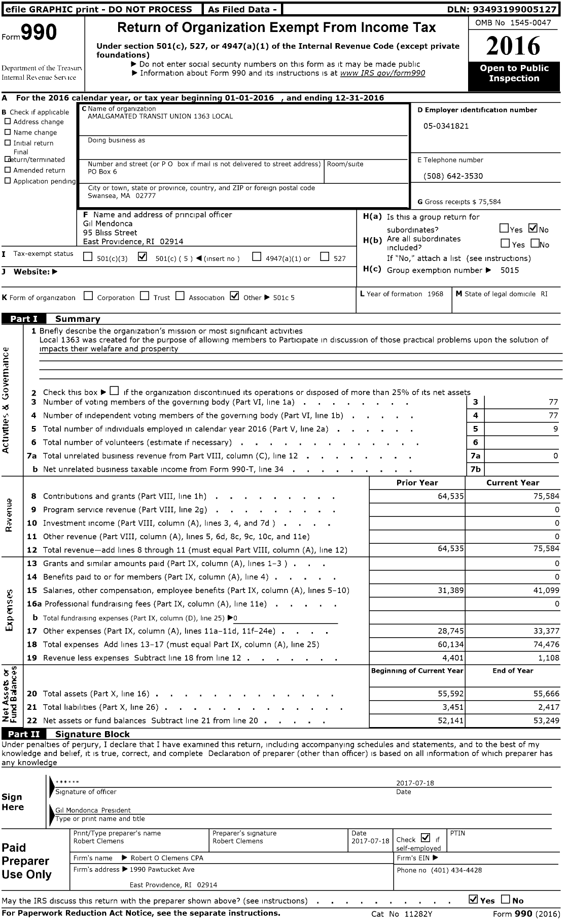 Image of first page of 2016 Form 990O for Amalgamated Transit Union - 1363 Local