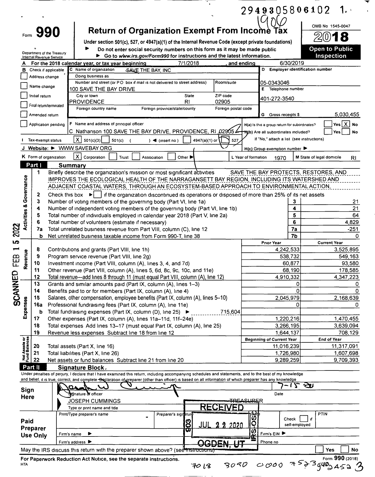 Image of first page of 2018 Form 990 for Save the Bay