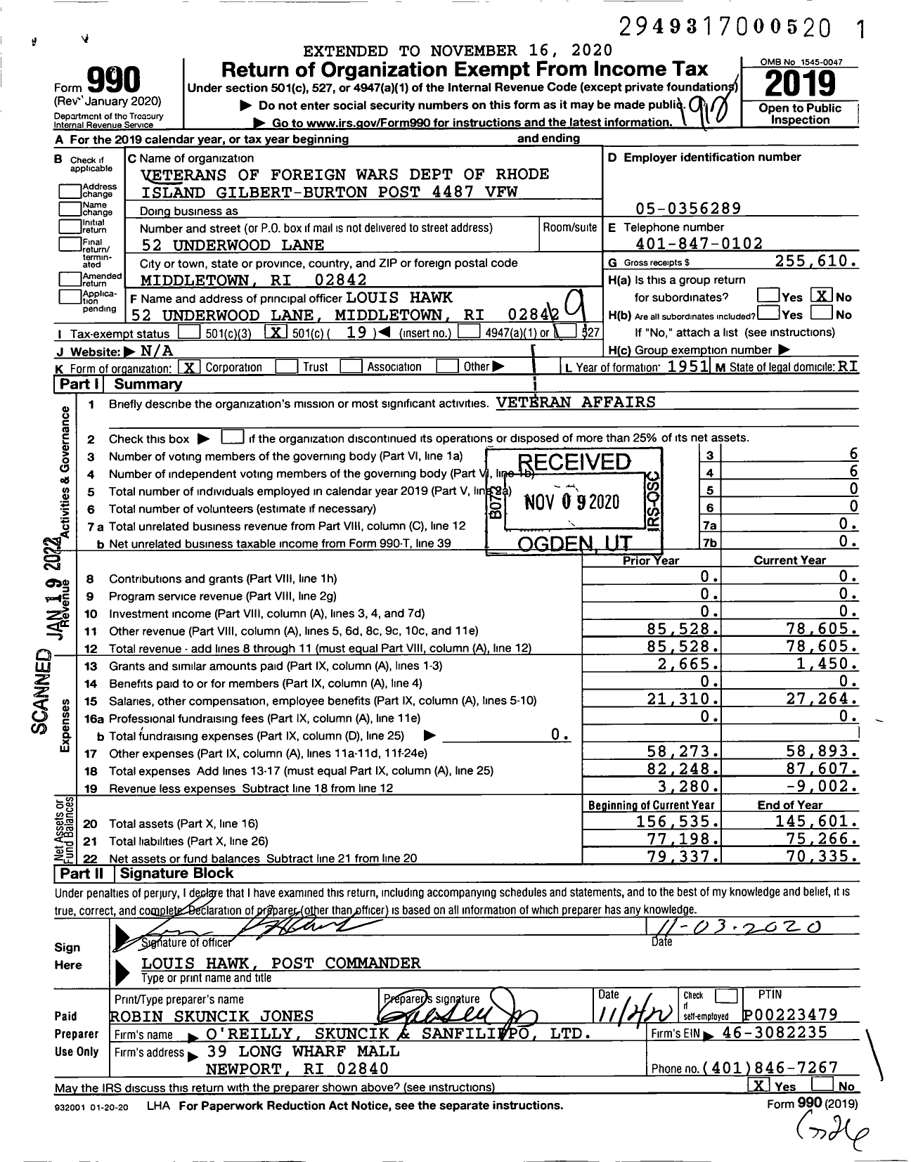 Image of first page of 2019 Form 990O for Veterans of Foreign Wars Dept of Rhode Island - Gilbert-Burton Post 4487 VFW