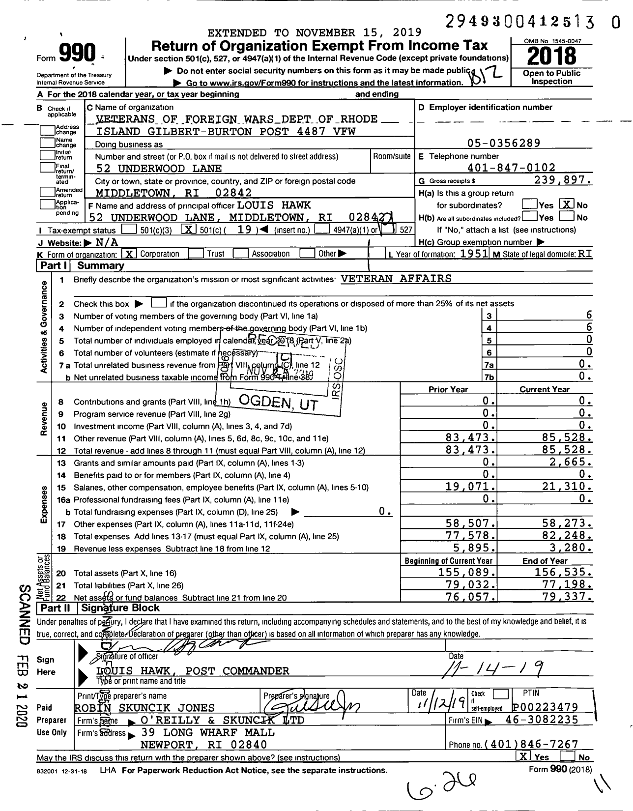 Image of first page of 2018 Form 990O for Veterans of Foreign Wars Dept of Rhode Island - Gilbert-Burton Post 4487 VFW