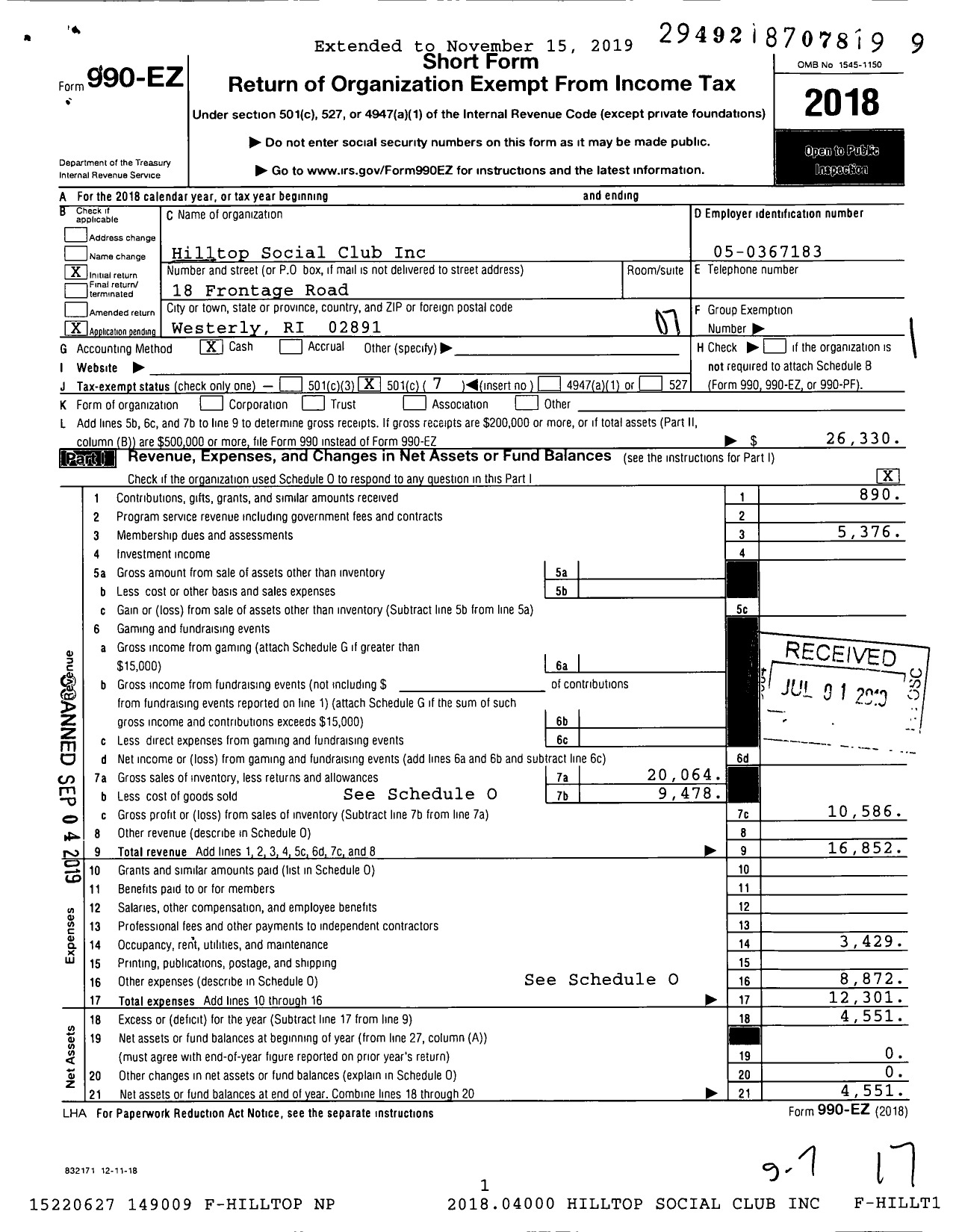 Image of first page of 2018 Form 990EO for Hilltop Social Club