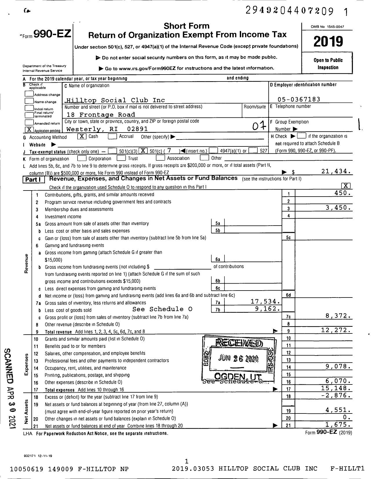 Image of first page of 2019 Form 990EO for Hilltop Social Club