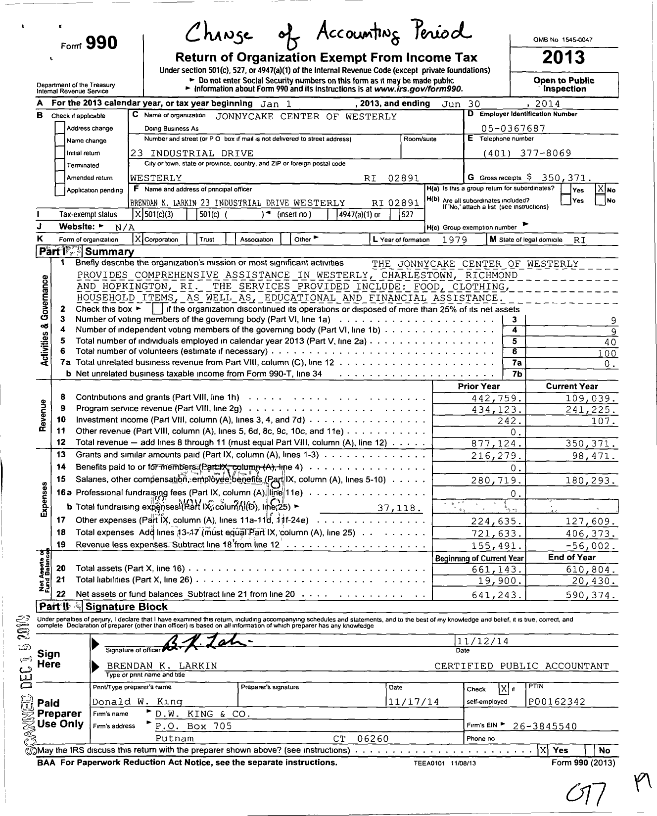 Image of first page of 2013 Form 990 for The Jonnycake Center of Westerly