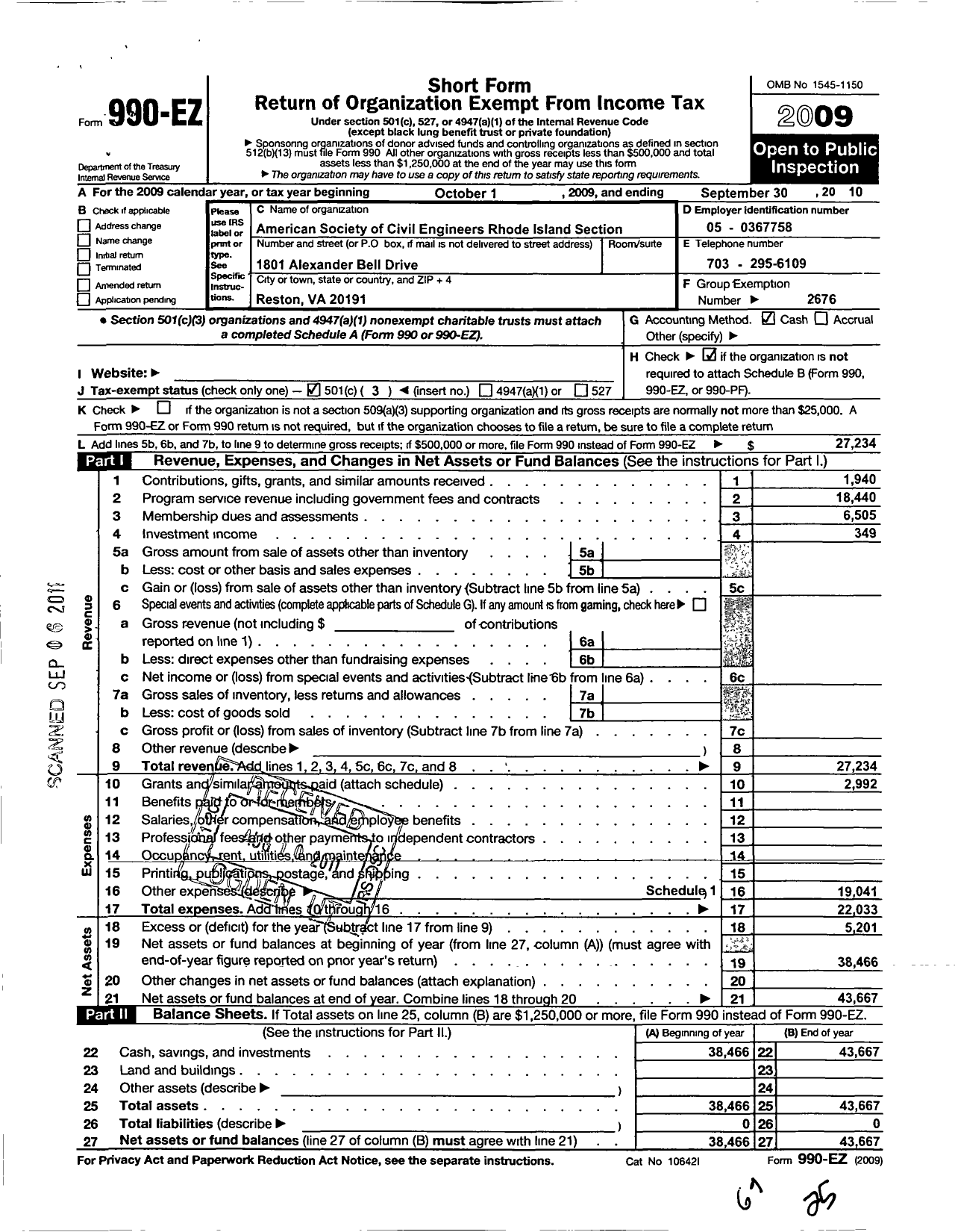 Image of first page of 2009 Form 990EZ for American Society of Civil Engineers / Rhode Island Section