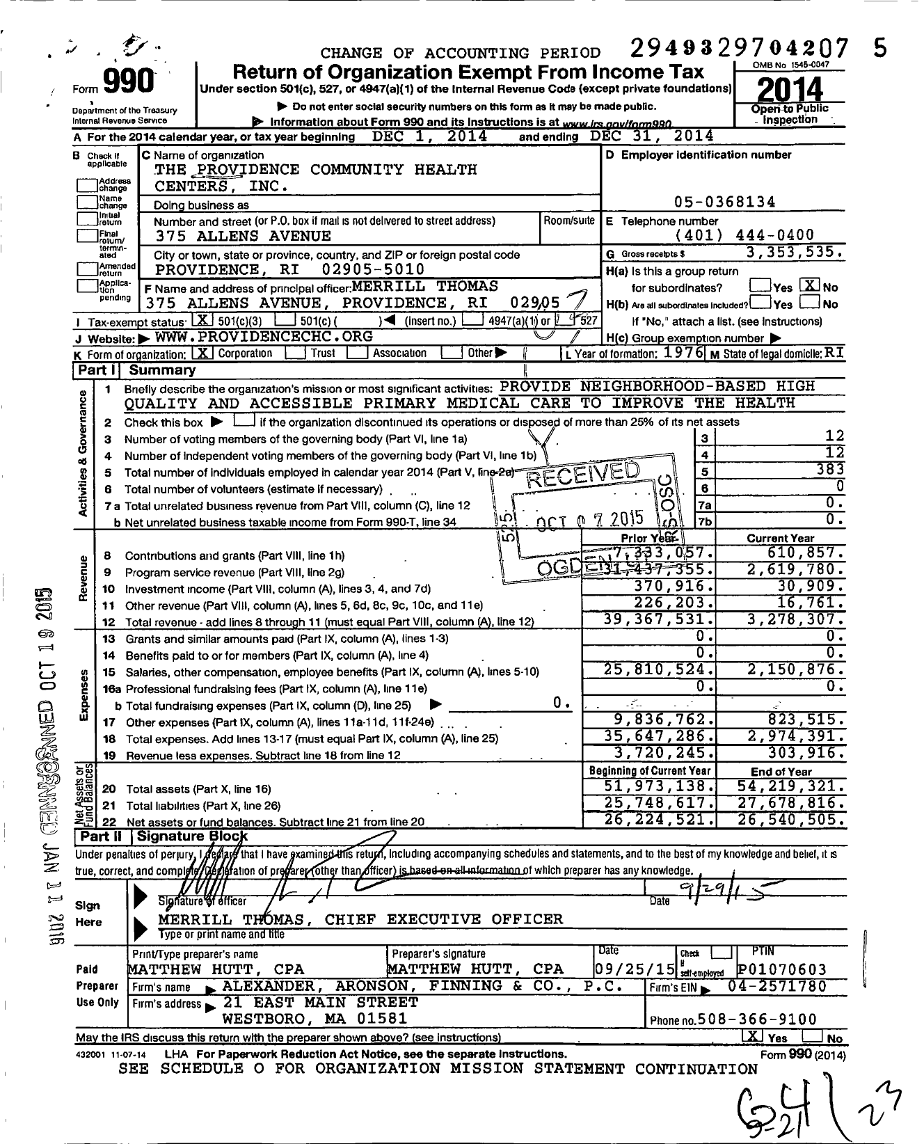 Image of first page of 2014 Form 990 for Providence Community Health Centers (PCHC)