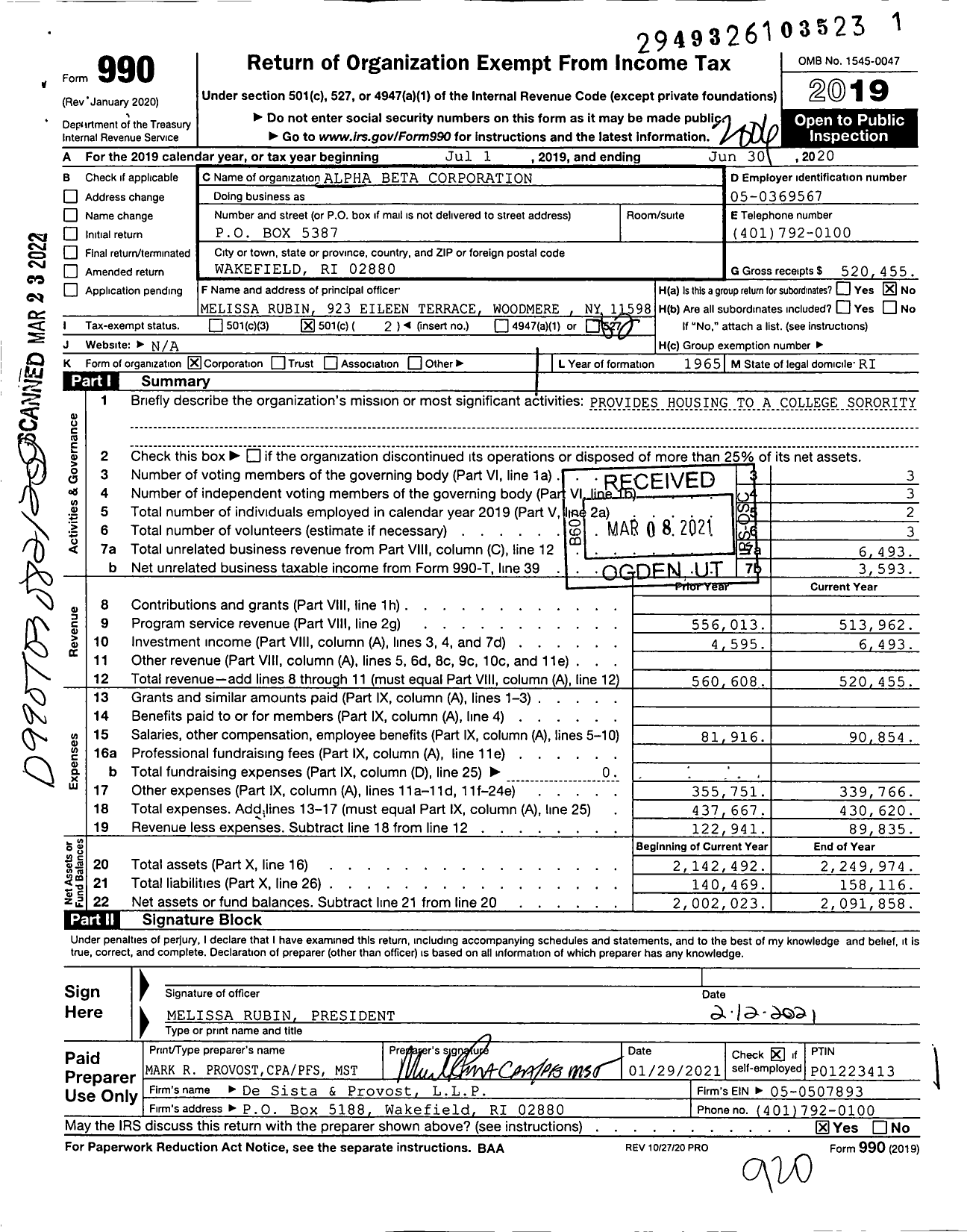 Image of first page of 2019 Form 990O for Alpha Beta Corporation