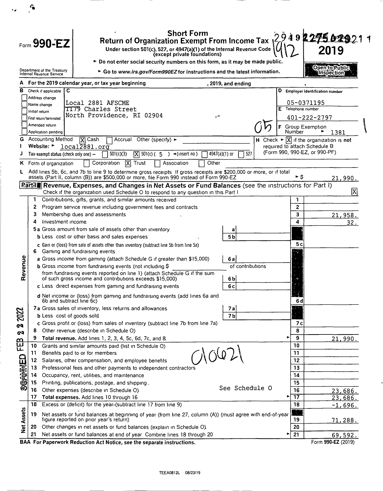 Image of first page of 2019 Form 990EO for American Federation of State County & Municipal Employees - L2881ri Dept Environ MGMT Ri St Emp