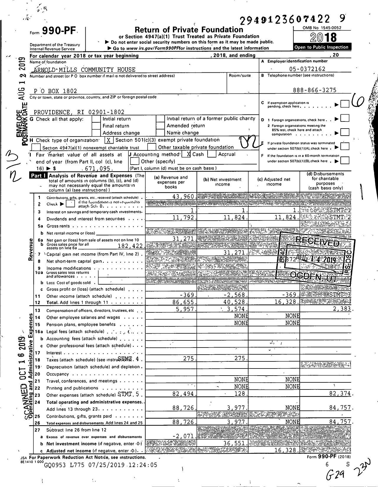 Image of first page of 2018 Form 990PF for Arnold Mills Community House