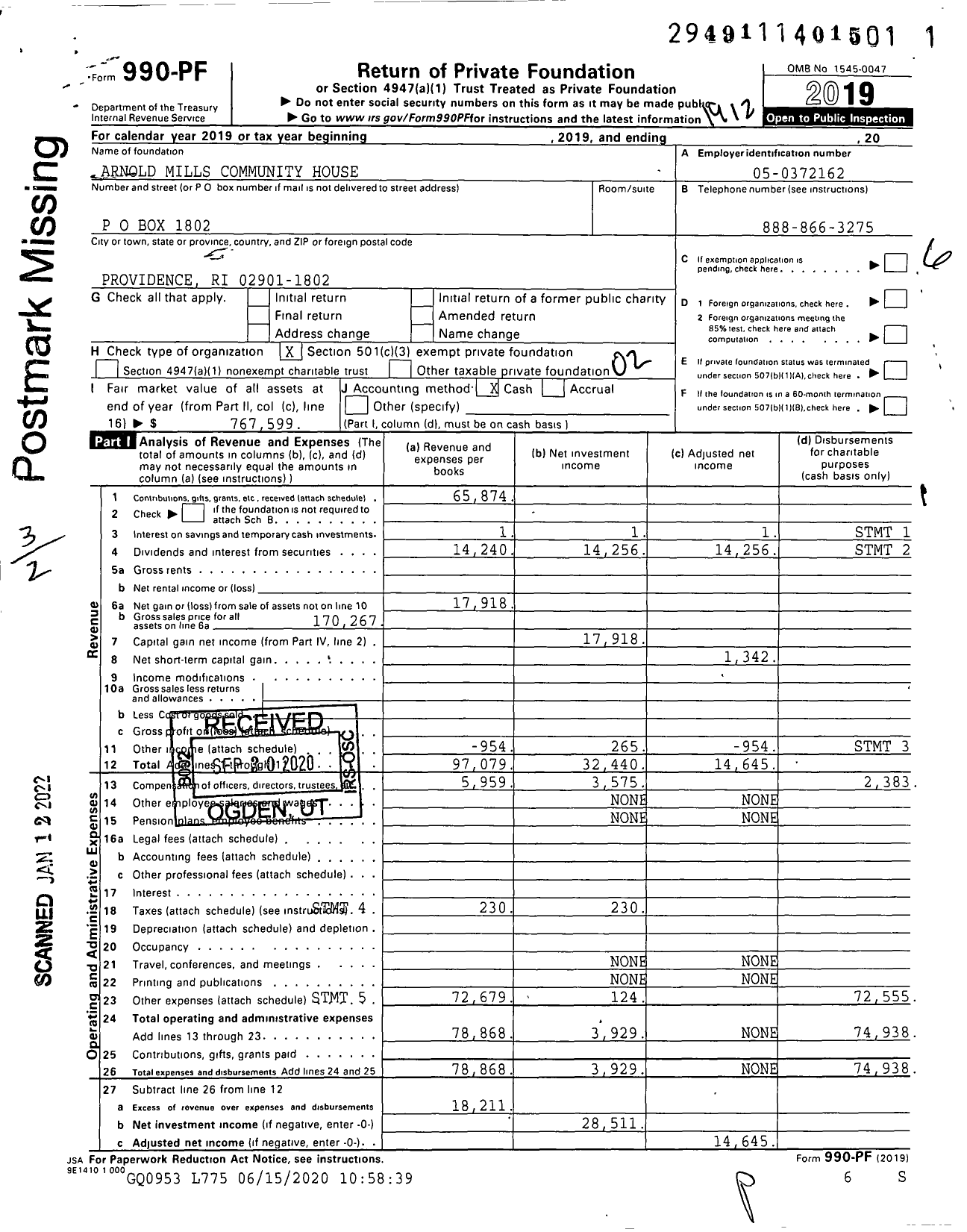 Image of first page of 2019 Form 990PF for Arnold Mills Community House