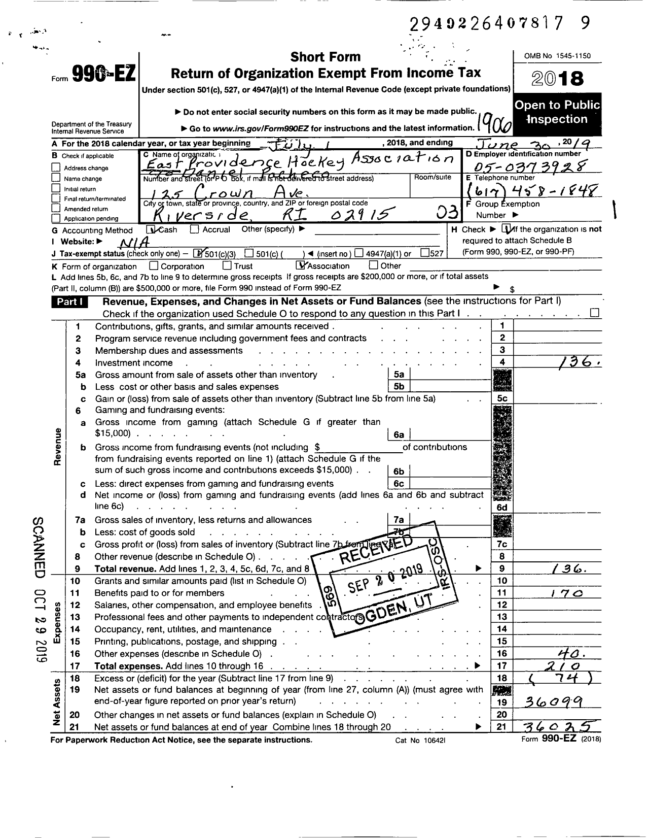 Image of first page of 2018 Form 990EZ for East Providence Hockey Association