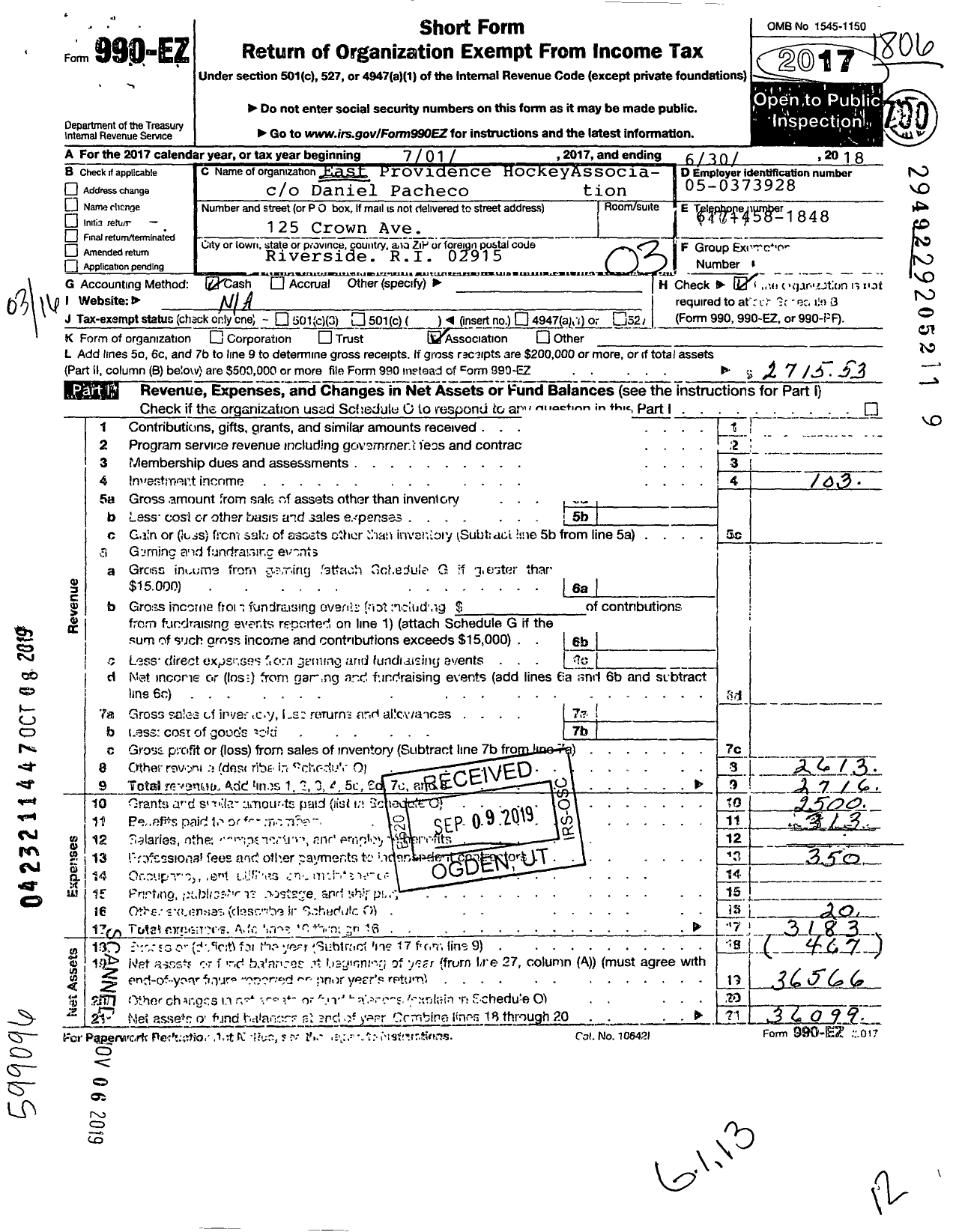 Image of first page of 2017 Form 990EZ for East Providence Hockey Association