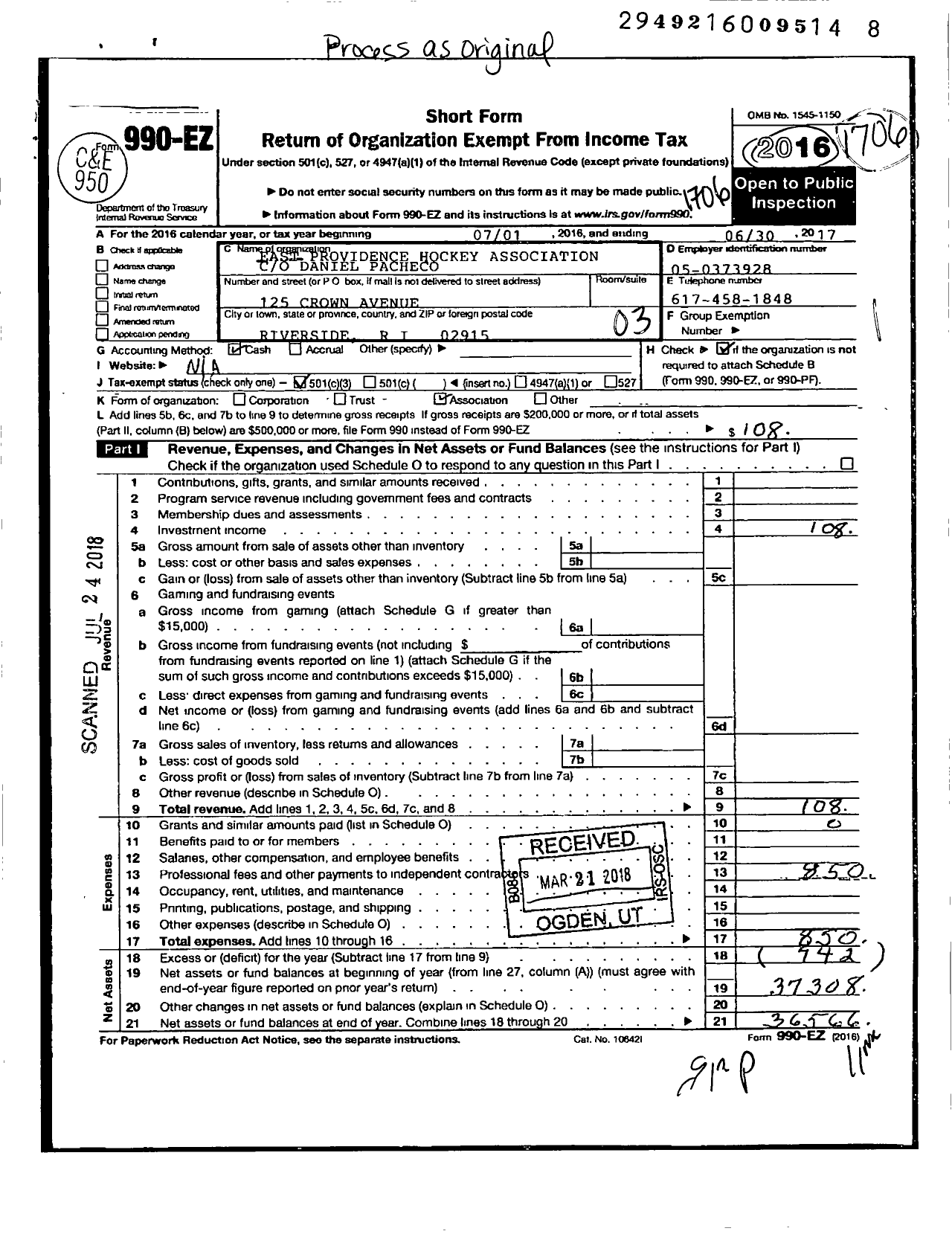 Image of first page of 2016 Form 990EZ for East Providence Hockey Association