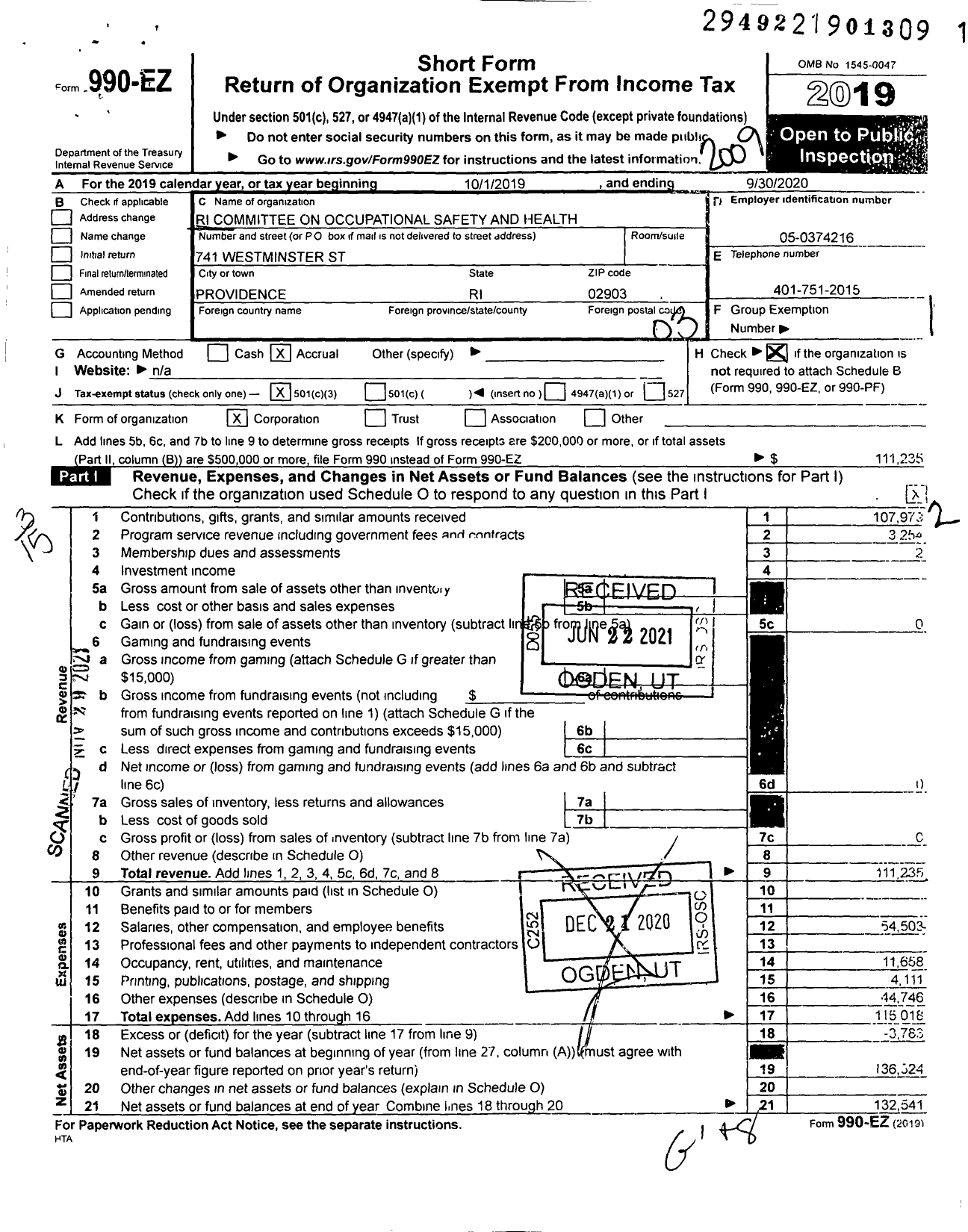 Image of first page of 2019 Form 990EZ for Rhode Island Committee on Occupational Safety and Health