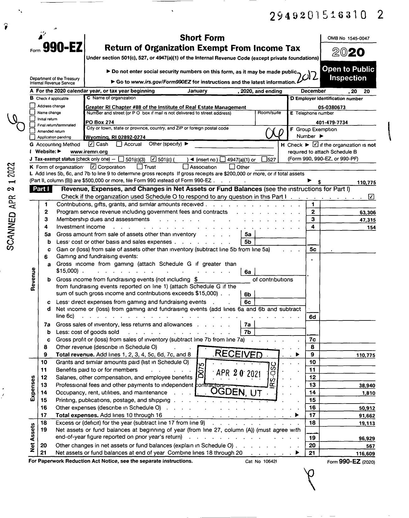 Image of first page of 2020 Form 990EO for Institute of Real Estate Management - Greater Rhode Island Chapter