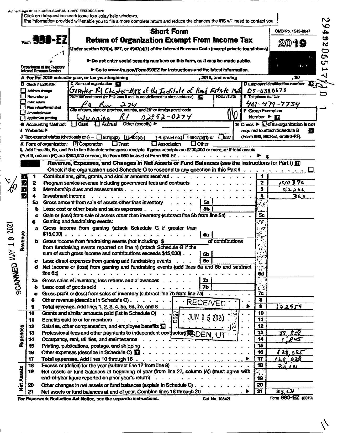 Image of first page of 2019 Form 990EO for Institute of Real Estate Management - Greater Rhode Island Chapter