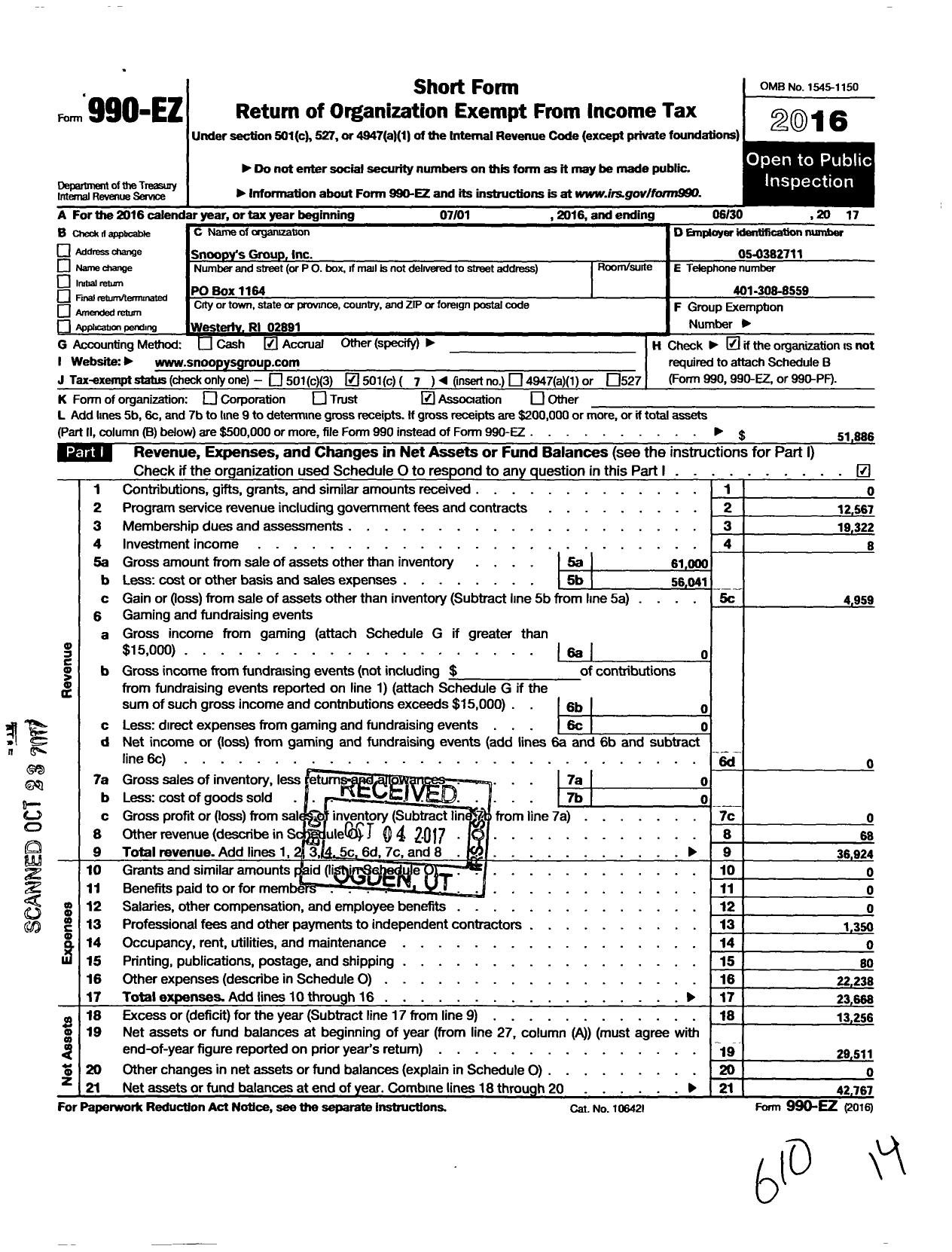 Image of first page of 2016 Form 990EO for Snoopys Group