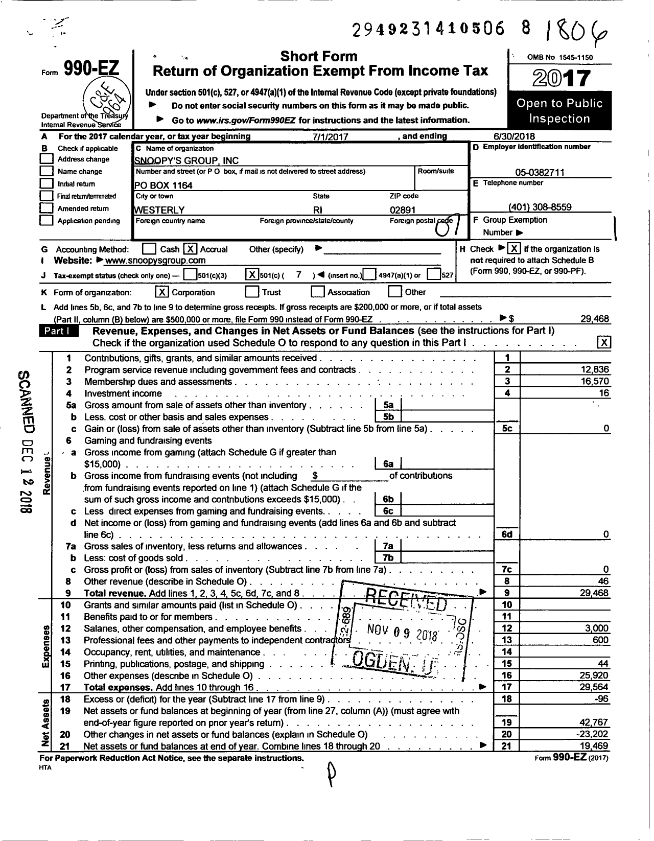 Image of first page of 2017 Form 990EO for Snoopys Group